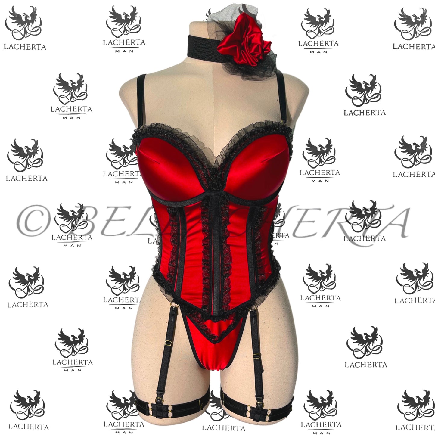 Back-tie Corset with matching Panty, Leg Garters and Choker