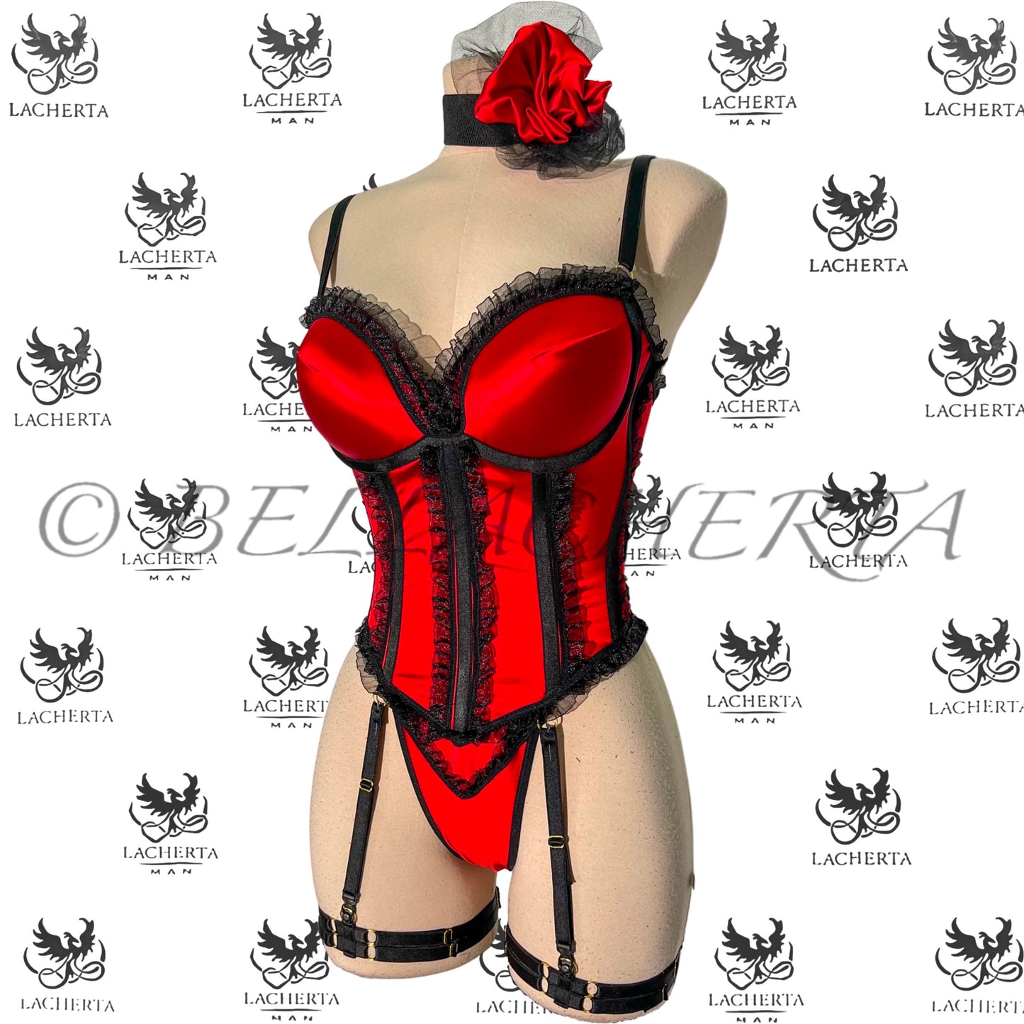 Back-tie Corset with matching Panty, Leg Garters and Choker