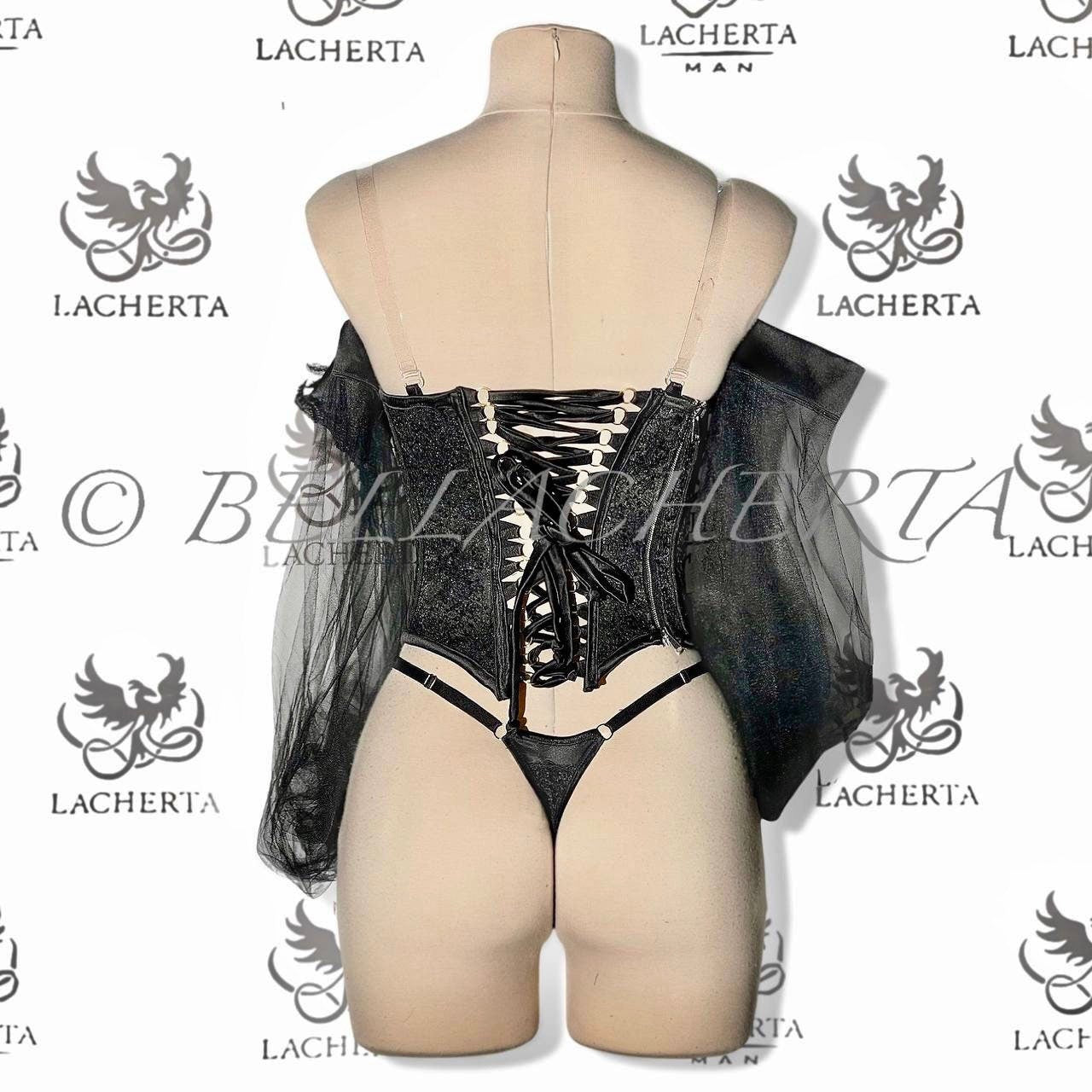 Sexy Back-tie Corset With Attached Tulle Long Sleeves and Panty