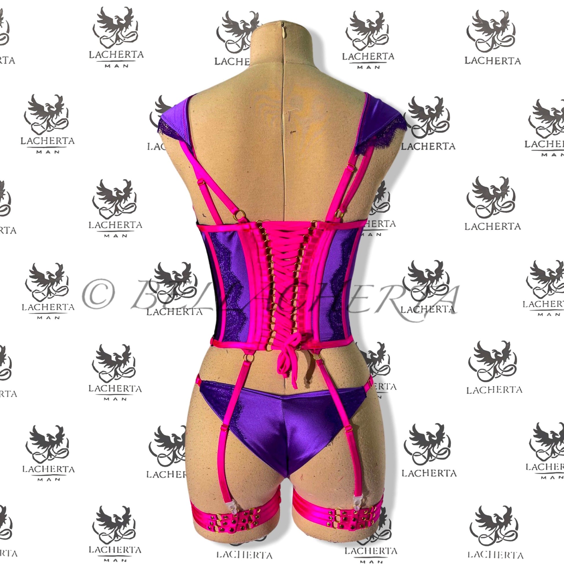 Back-tie Corset with Decorative Shoulder Harness, Matching Panty and Leg Garters