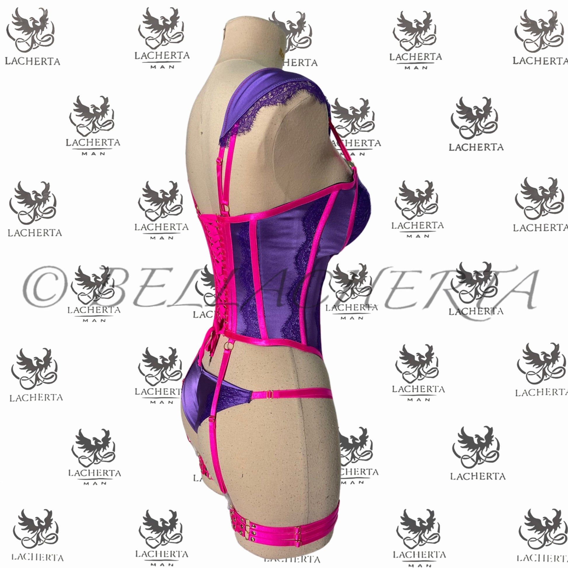 Back-tie Corset with Decorative Shoulder Harness, Matching Panty and Leg Garters