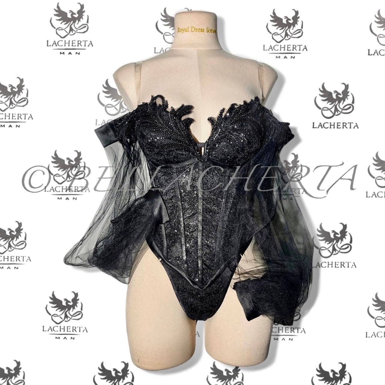 Sexy Back-tie Corset With Attached Tulle Long Sleeves and Panty