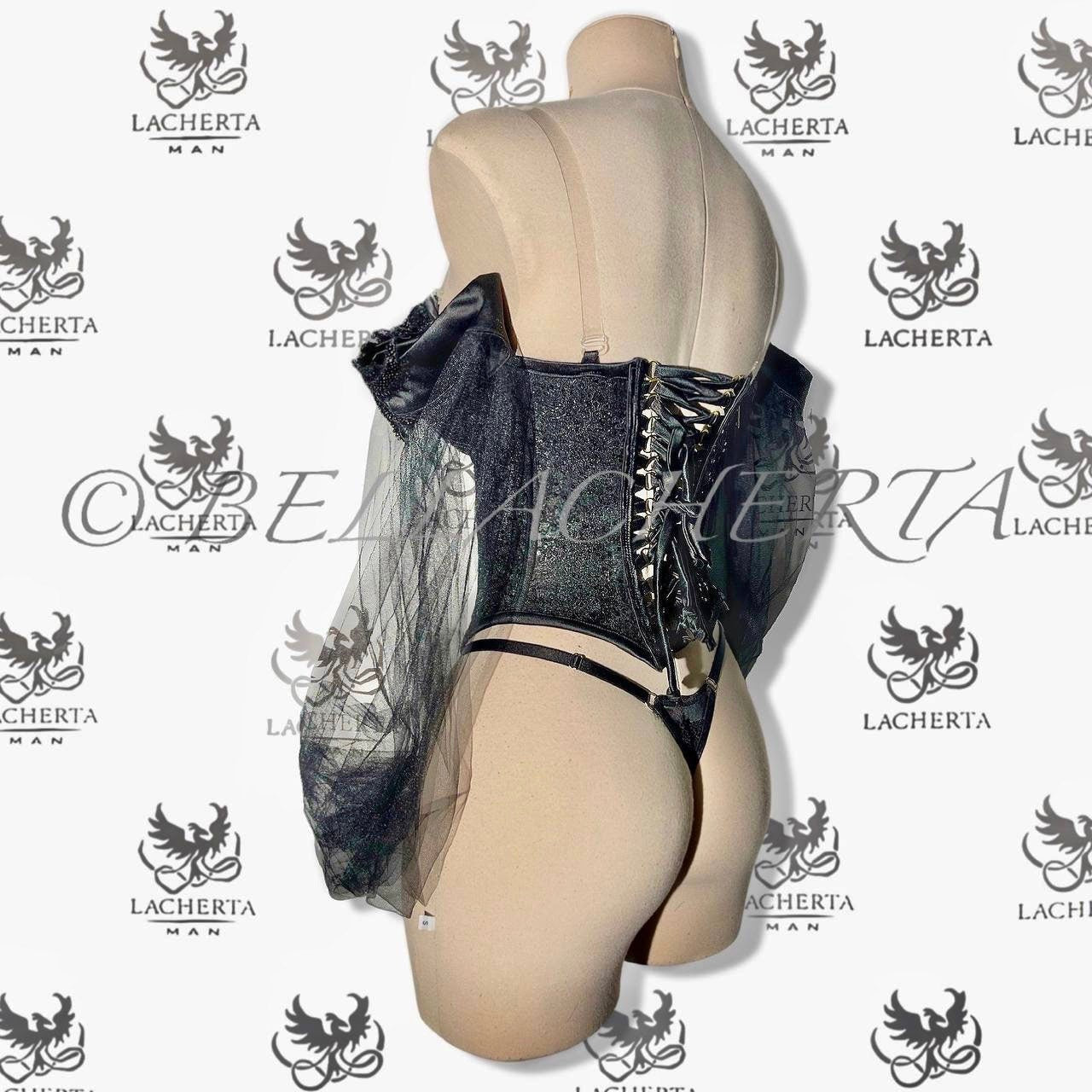 Sexy Back-tie Corset With Attached Tulle Long Sleeves and Panty