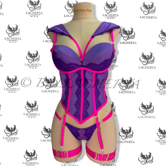 Back-tie Corset with Decorative Shoulder Harness, Matching Panty and Leg Garters