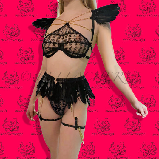 Four-Piece Halloween Lingerie Set Black Raven