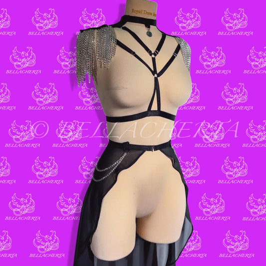 Chainlink Epaulets Harness and Sheer Skirt Role Playing Halloween Lingerie Set