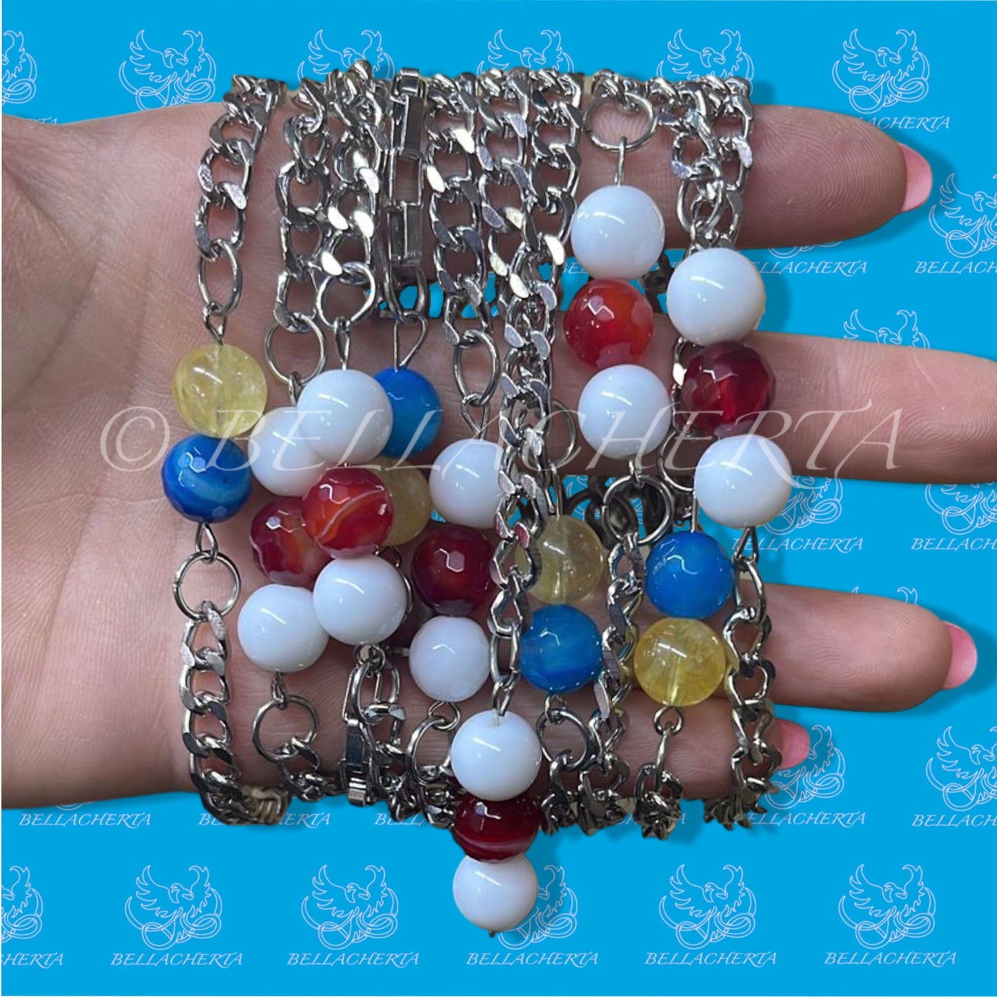 Natural Stone Bracelet in colors of Flag of Ukraine; White-Red-White Belarusian Resistance Flag; White-Blue-White Russian Opposition Flag