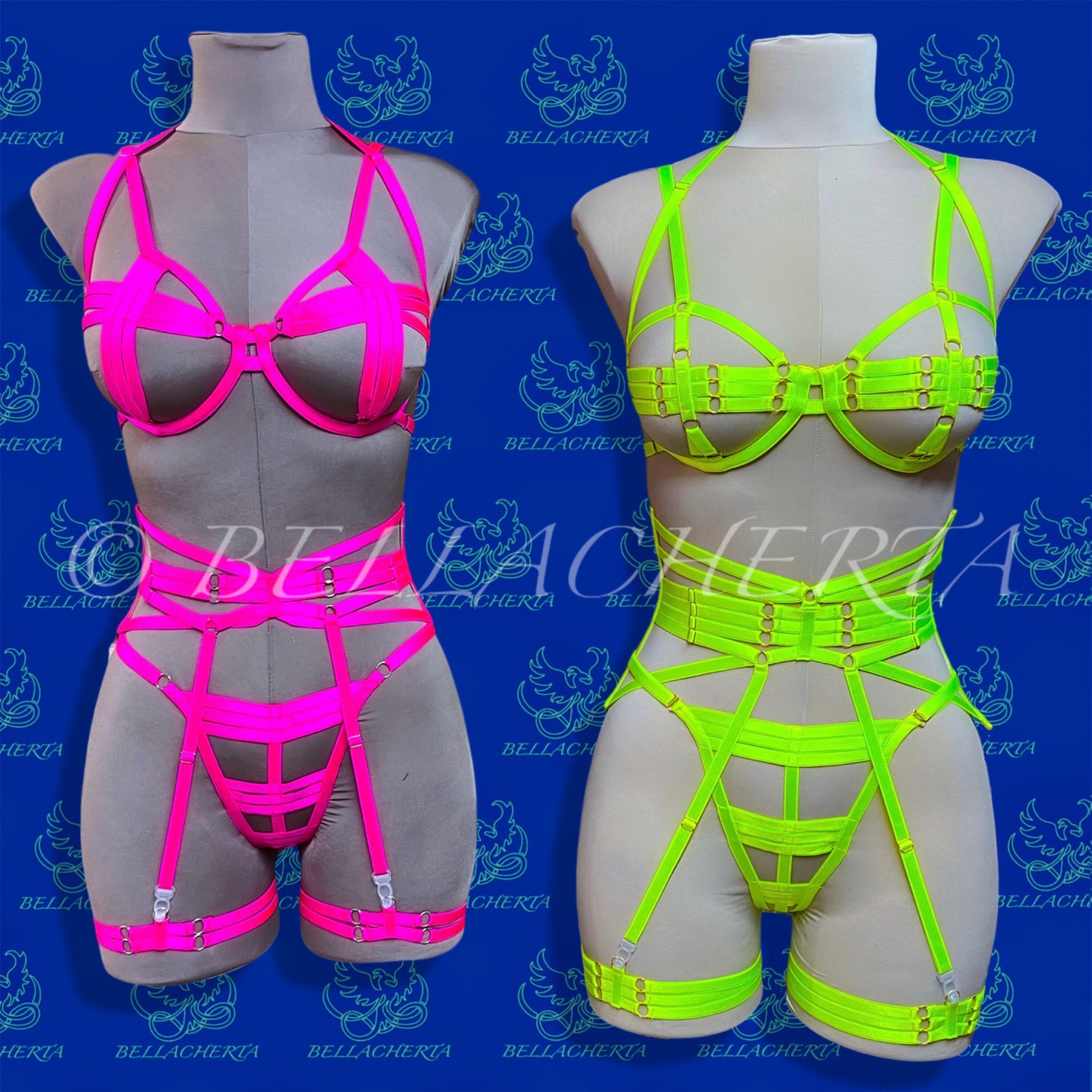 Strappy Bra with matching Panty, Garter Belt and a Pair of Garters Fluorescent Harness Lingerie