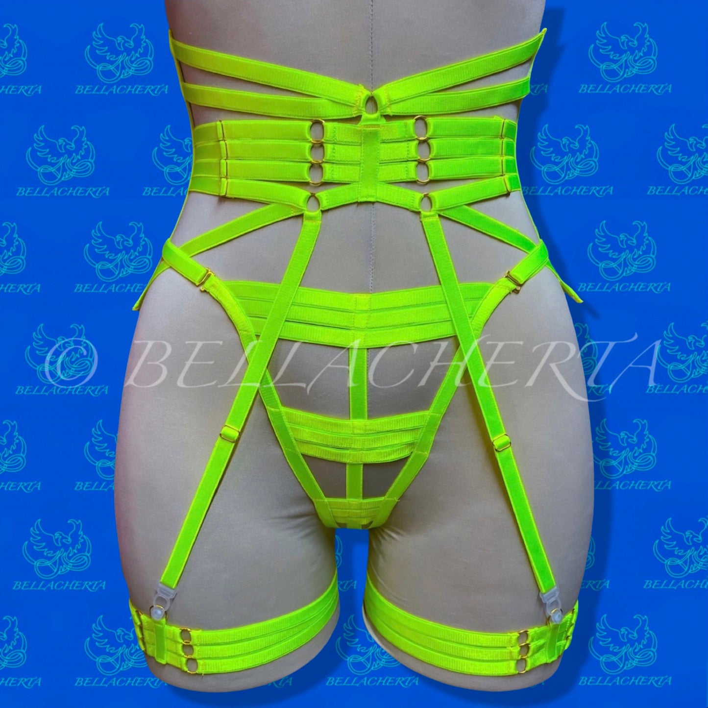 Strappy Bra with matching Panty, Garter Belt and a Pair of Garters Fluorescent Harness Lingerie