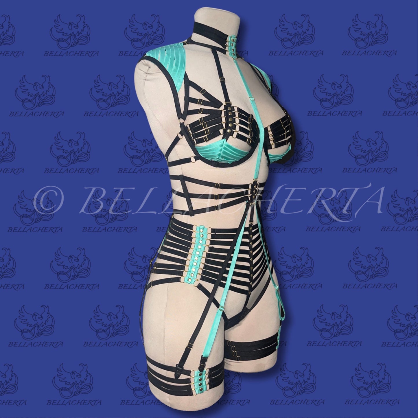 Full Body Harness Lingerie / Strappy Two-Tone Bra with Matching Choker, Panties, Decorative Shoulder Pads, Garter Belt and Garters