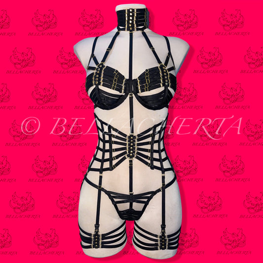 Full Body Harness Lingerie set / Strappy Bra with matching Choker, Panty, Garter Belt, and a pair of Garters Spiderweb Lingerie