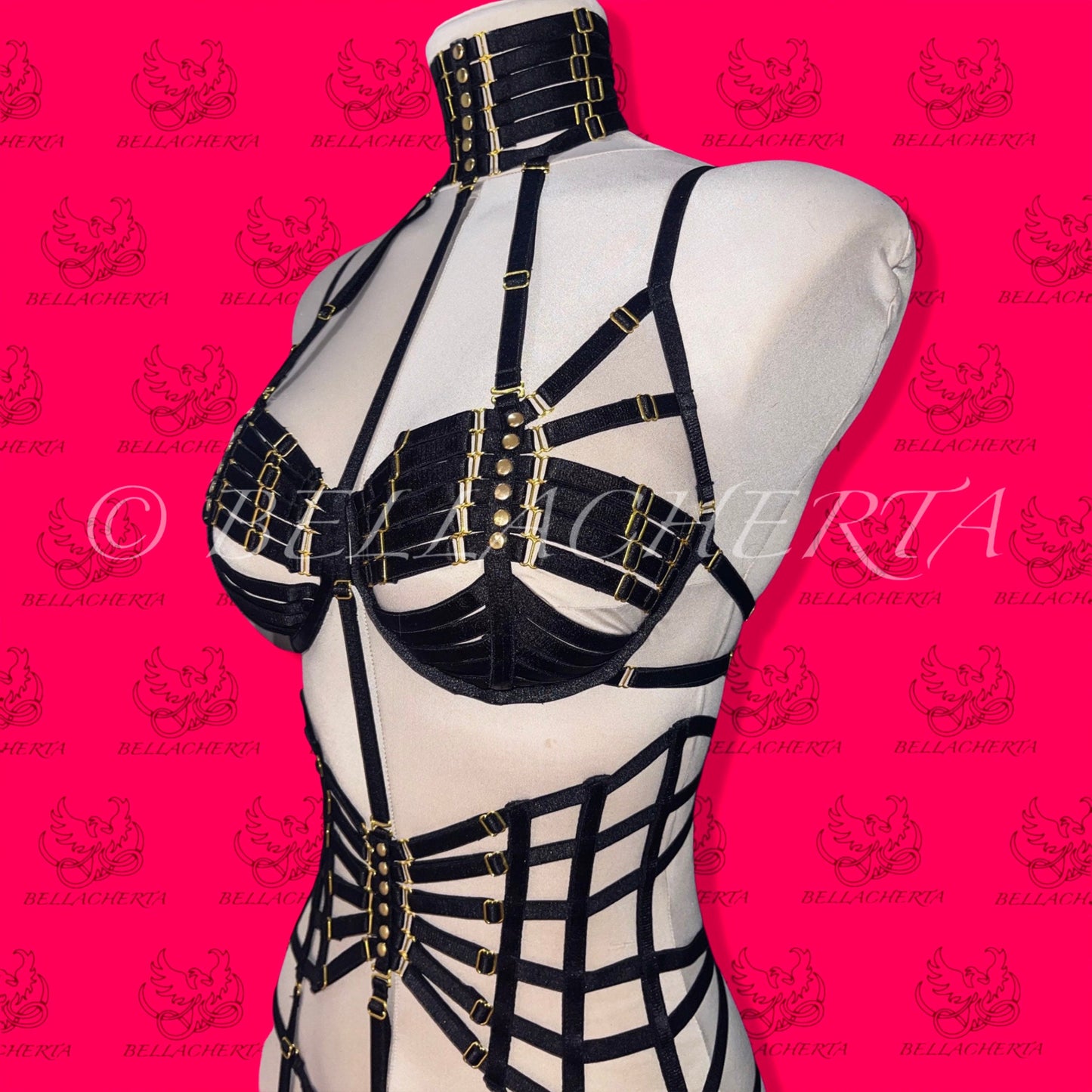 Full Body Harness Lingerie set / Strappy Bra with matching Choker, Panty, Garter Belt, and a pair of Garters Spiderweb Lingerie