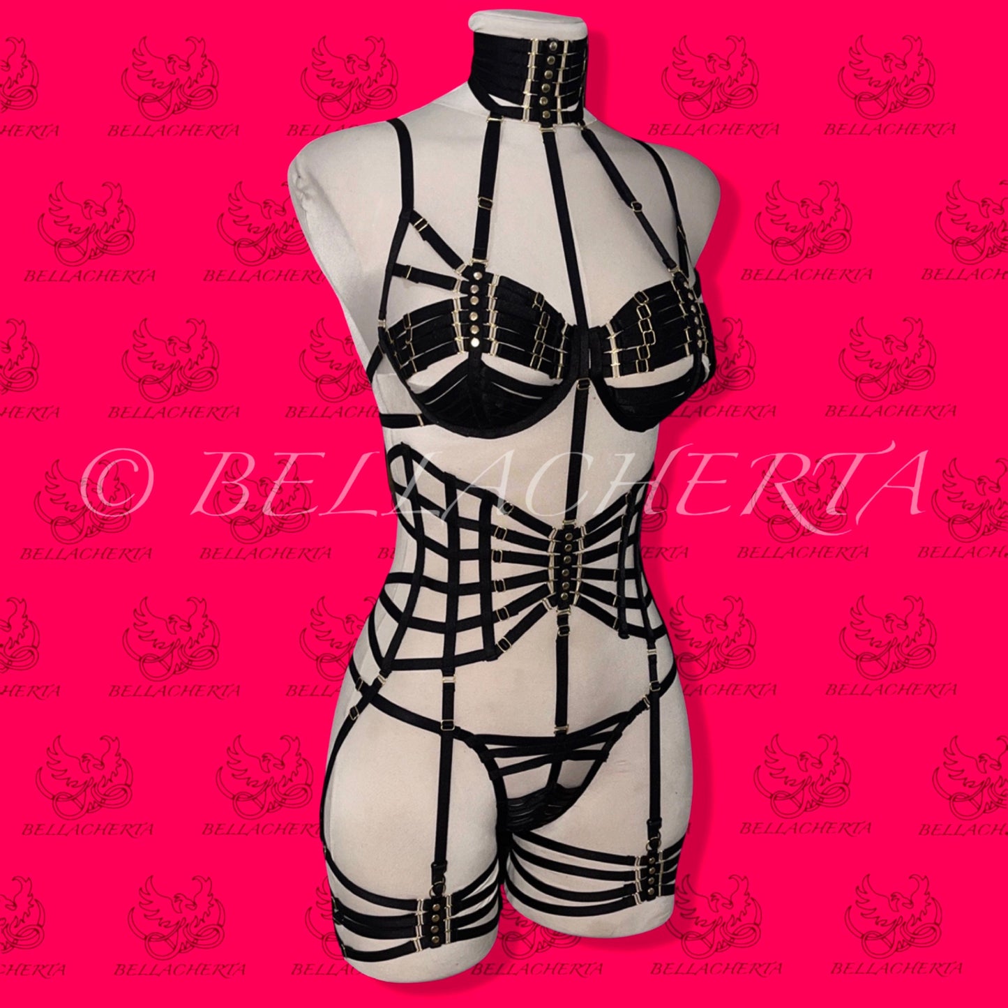 Full Body Harness Lingerie set / Strappy Bra with matching Choker, Panty, Garter Belt, and a pair of Garters Spiderweb Lingerie