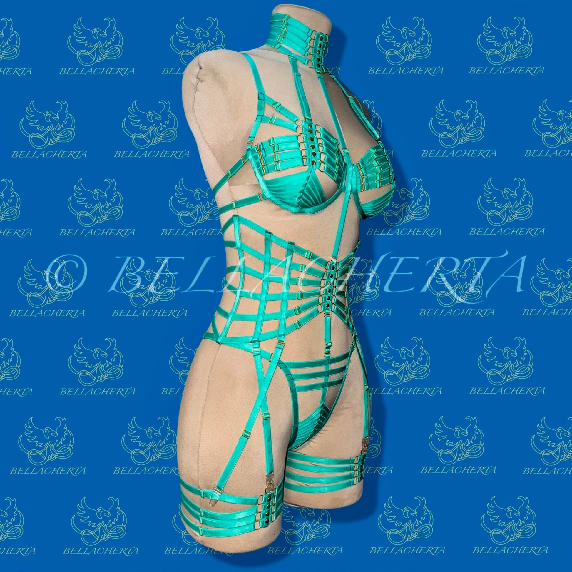 Full Body Harness Fluorescent Lingerie / Strappy Bra with matching Choker, Panty, Garter Belt and Garters