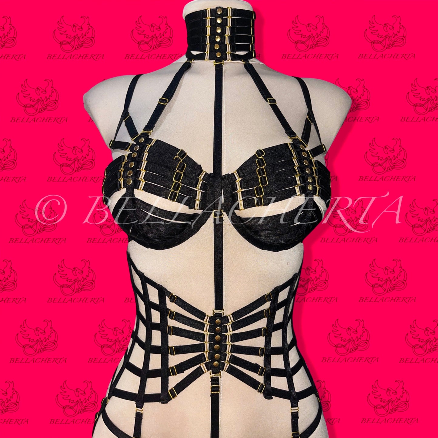 Full Body Harness Lingerie set / Strappy Bra with matching Choker, Panty, Garter Belt, and a pair of Garters Spiderweb Lingerie