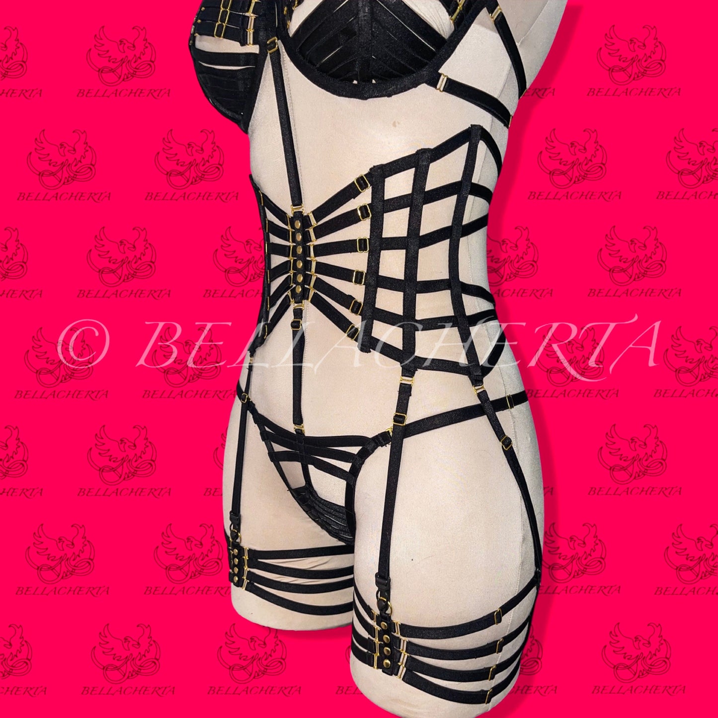 Full Body Harness Lingerie set / Strappy Bra with matching Choker, Panty, Garter Belt, and a pair of Garters Spiderweb Lingerie