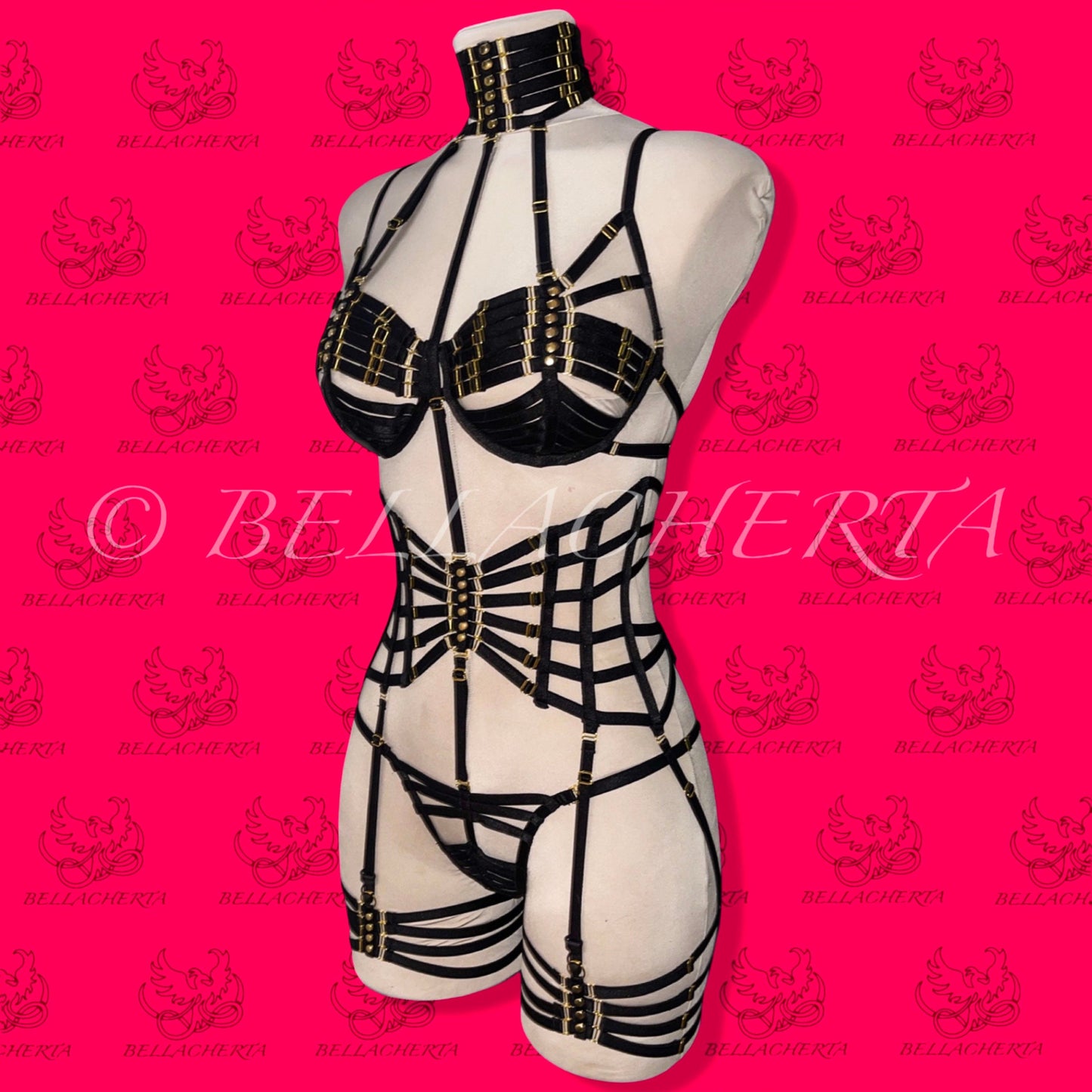 Full Body Harness Lingerie set / Strappy Bra with matching Choker, Panty, Garter Belt, and a pair of Garters Spiderweb Lingerie