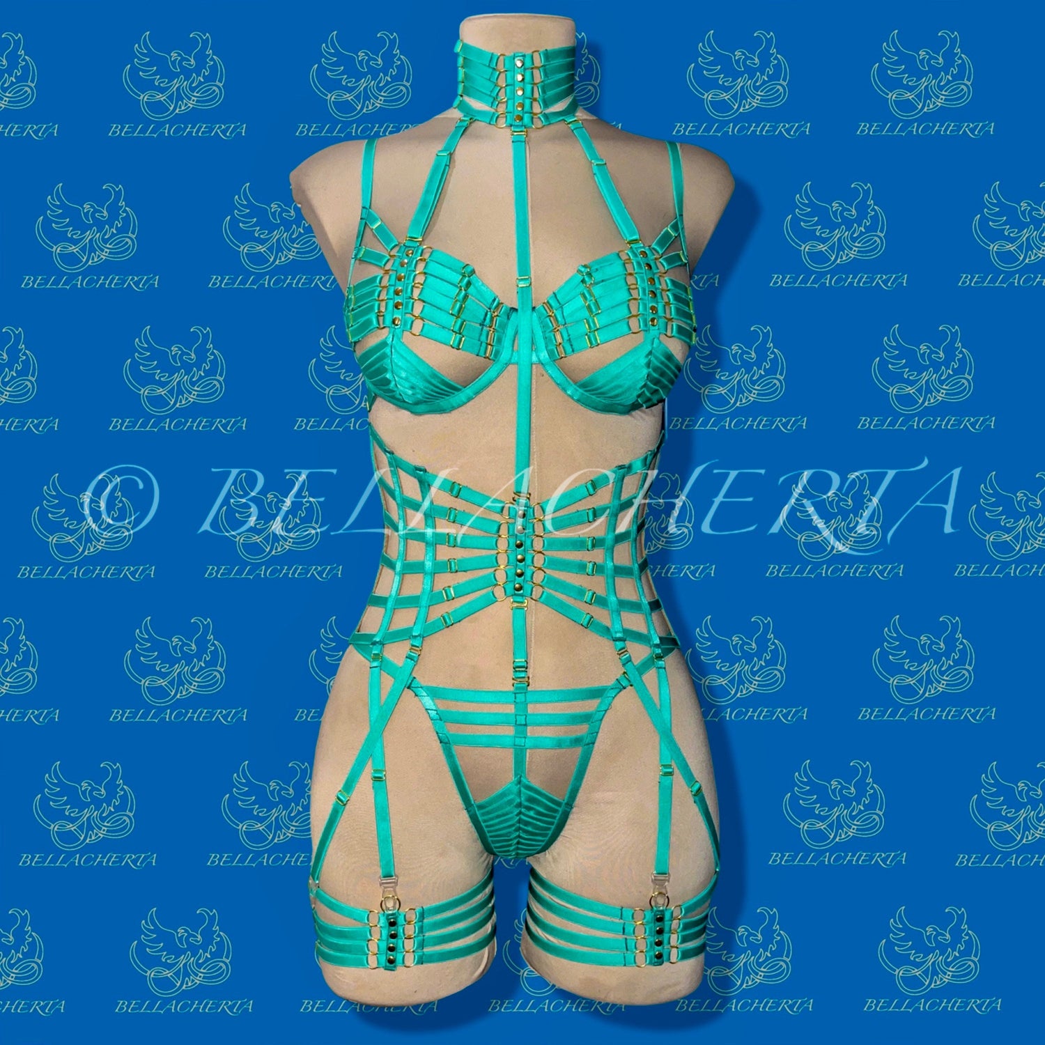 Full Body Harness Fluorescent Lingerie / Strappy Bra with matching Choker, Panty, Garter Belt and Garters