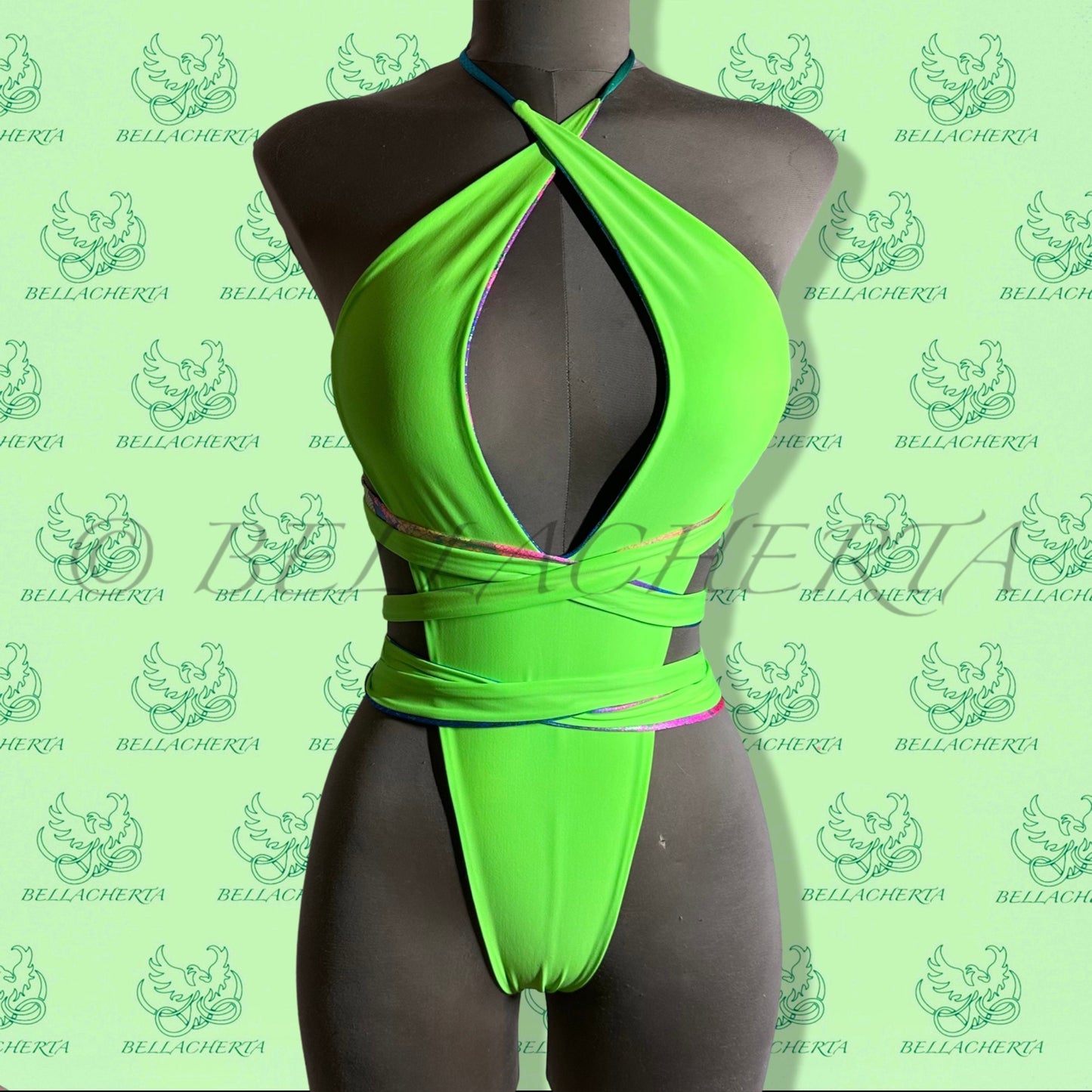 Reversible Double-sided Sexy One-piece Plunging Neck Halter Backless Open Sides Swimwear Beachwear Green