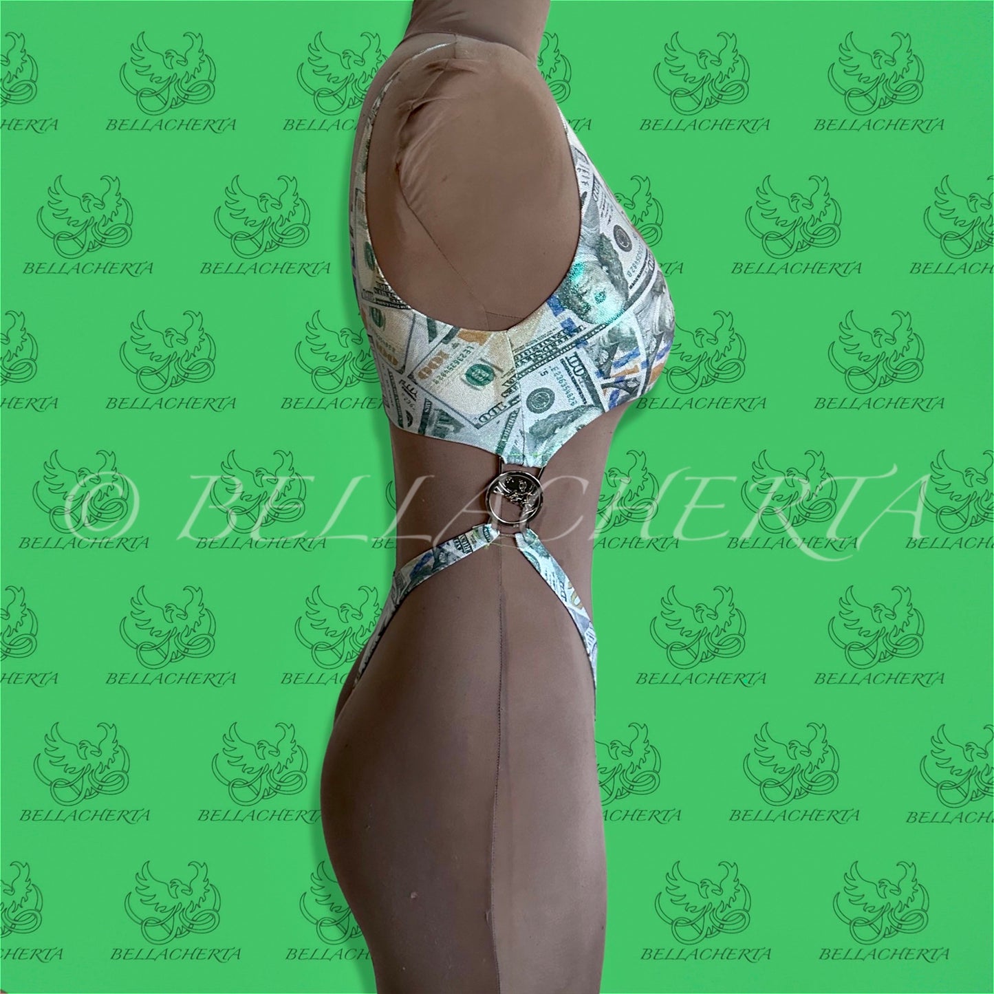 Bellacherta Printed Fabric One-piece Cutout Swimsuit With Silver Buckles, Carnival Monday Wear, Money Print