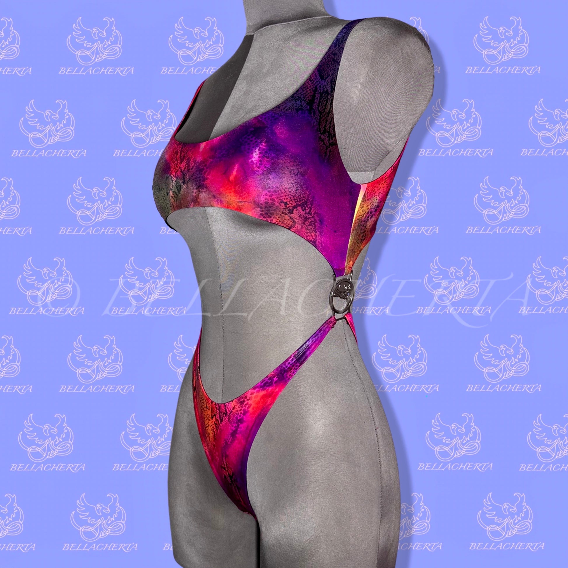 Bellacherta Printed Fabric One-piece Cutout Swimsuit With Silver Buckles, Carnival Monday Wear