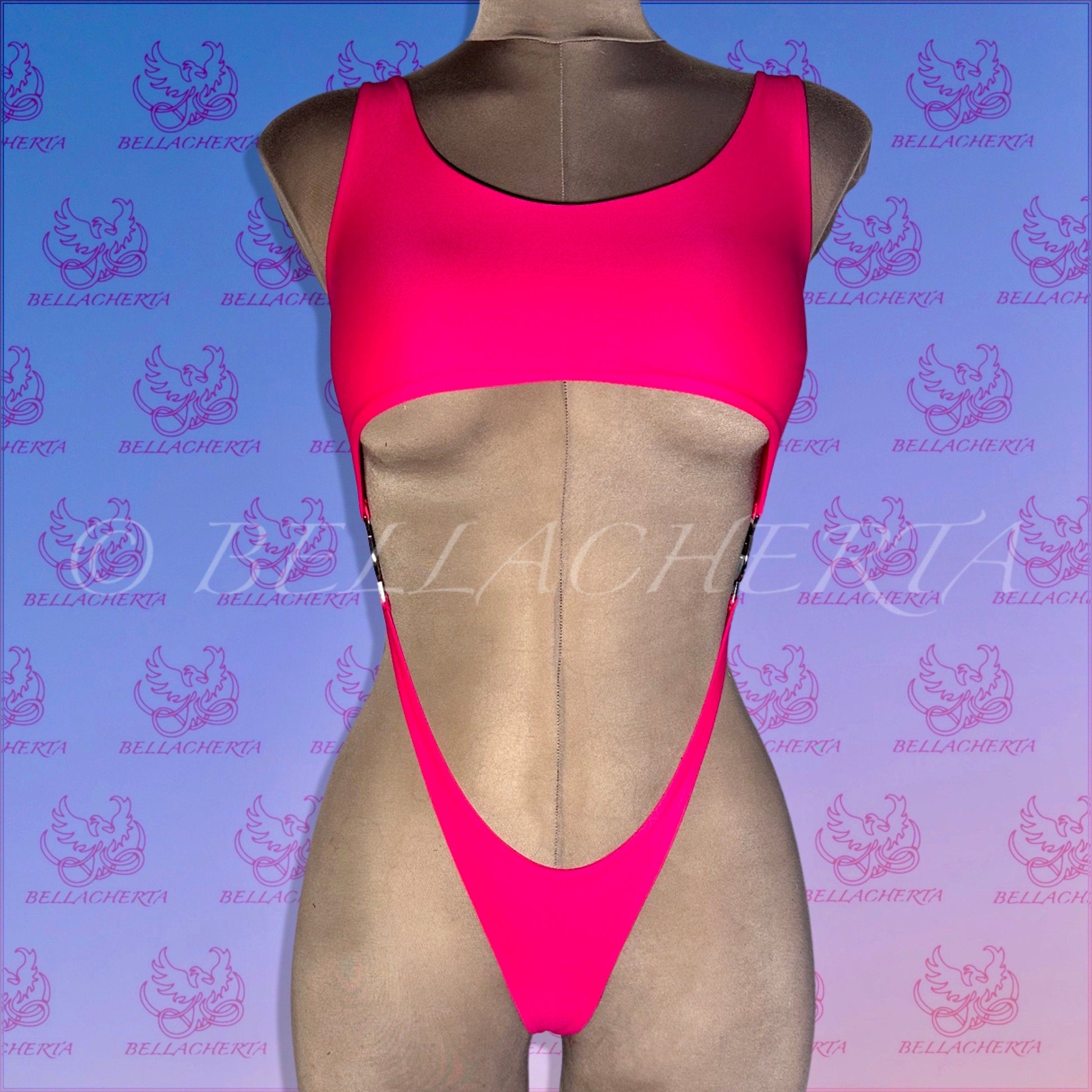 Bellacherta Neon Glow One-piece Cutout Swimsuit With Silver Buckles, Exotic Dance Wear, Carnival Monday Wear