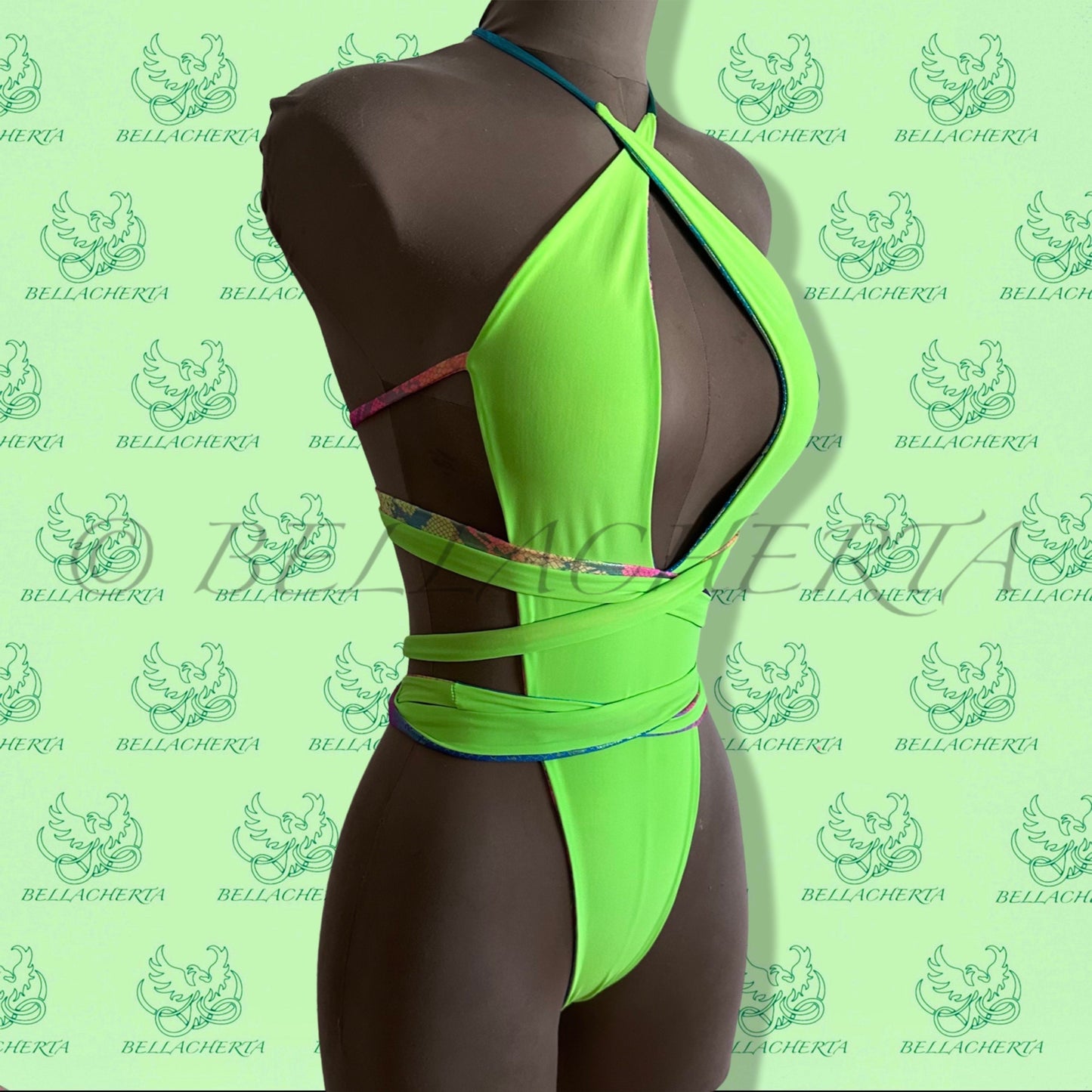 Reversible Double-sided Sexy One-piece Plunging Neck Halter Backless Open Sides Swimwear Beachwear Green