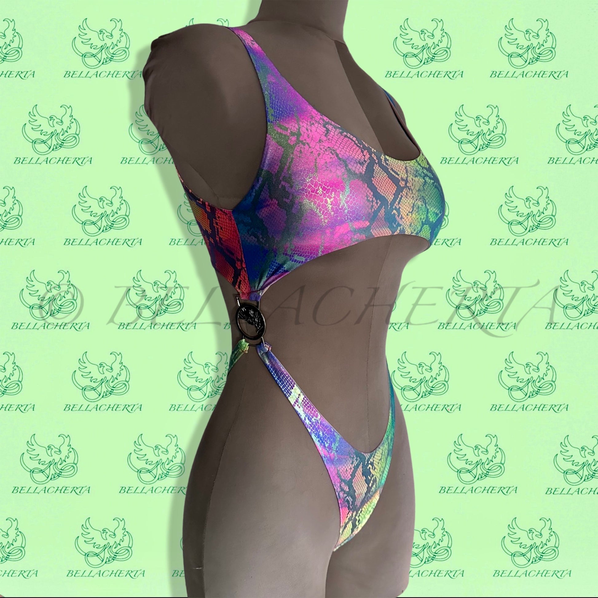 Bellacherta Printed Fabric One-piece Cutout Swimsuit With Silver Buckles, Carnival Monday Wear, Foiled Spandex