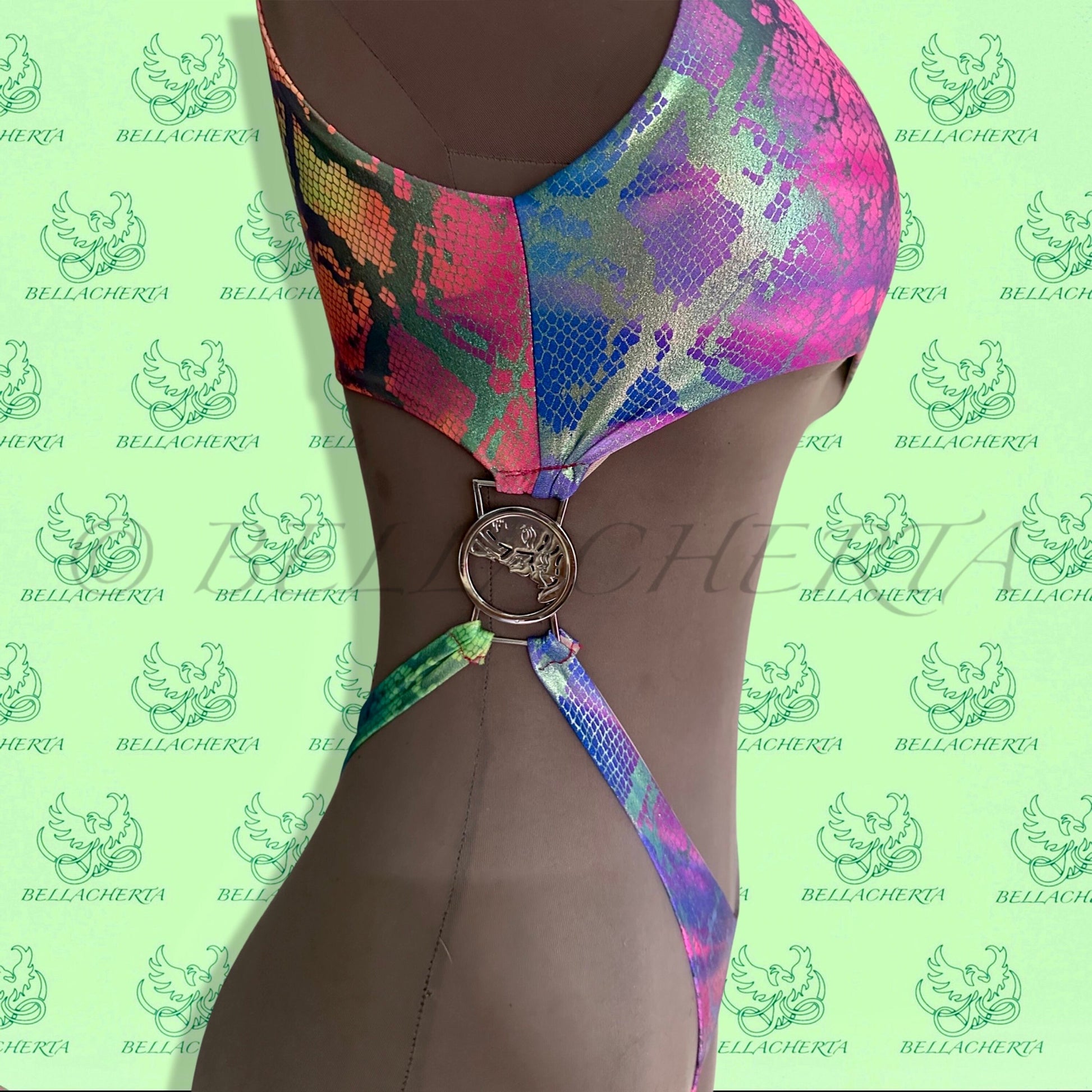 Bellacherta Printed Fabric One-piece Cutout Swimsuit With Silver Buckles, Carnival Monday Wear, Foiled Spandex