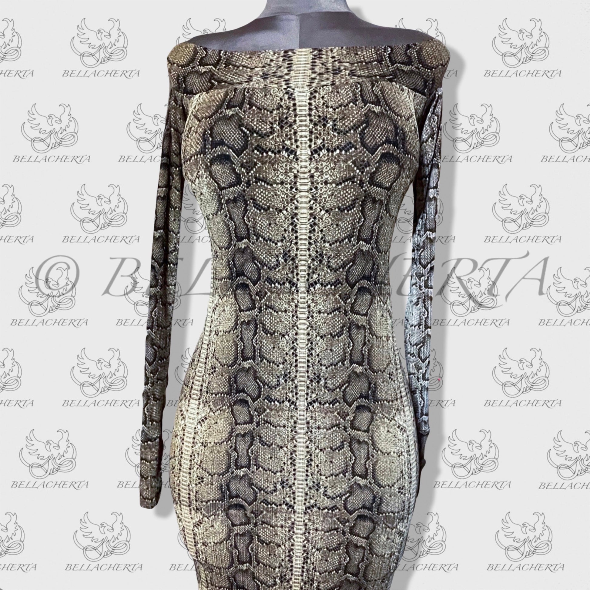 Off Shoulder Bodycon Snakeskin Midi Dress