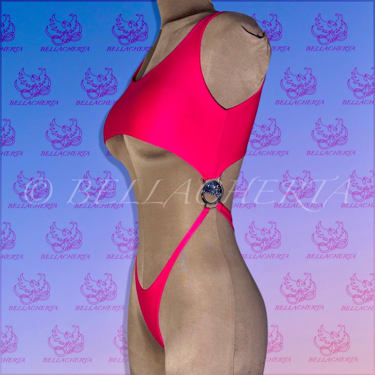 Bellacherta Neon Glow One-piece Cutout Swimsuit With Silver Buckles, Exotic Dance Wear, Carnival Monday Wear