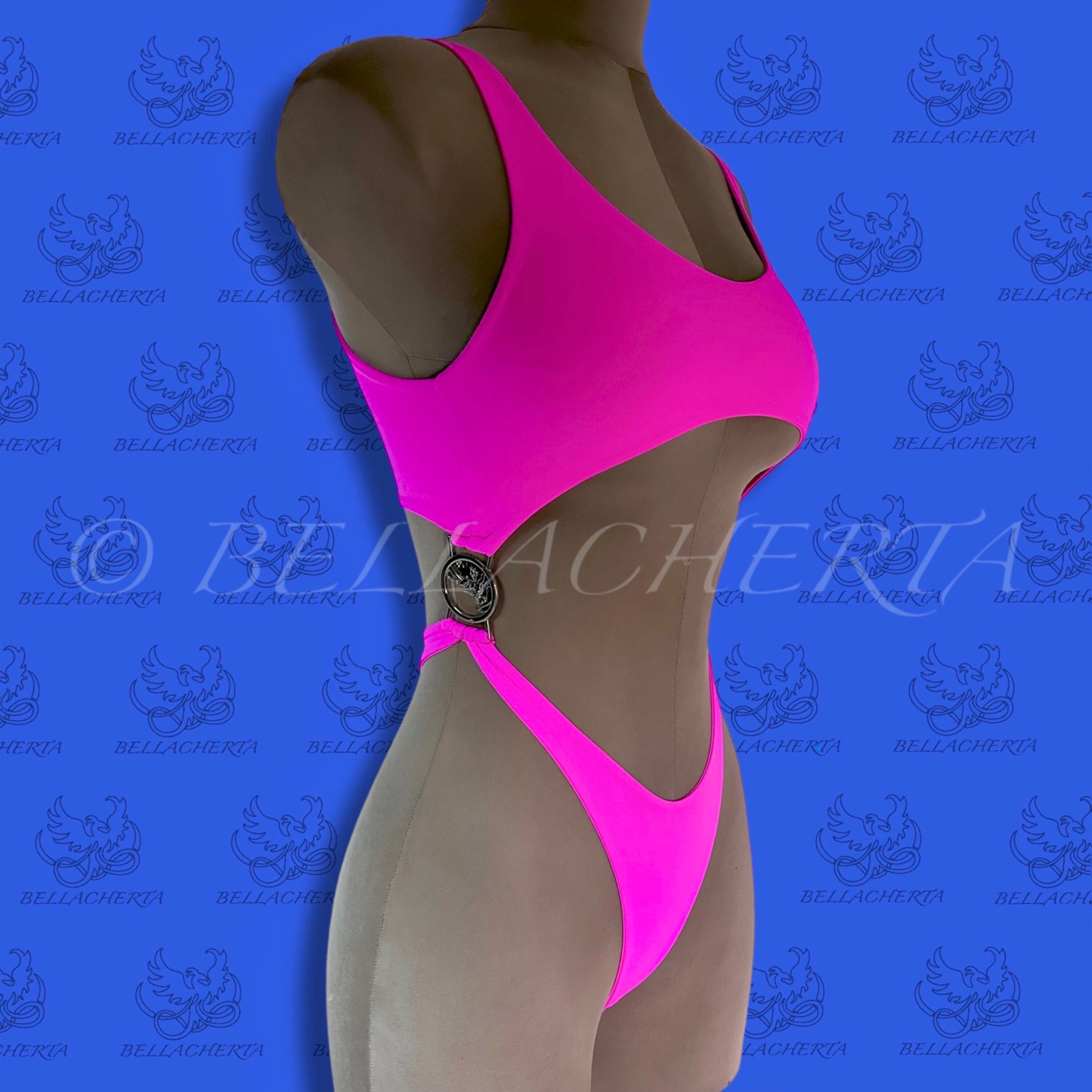 Bellacherta Neon Glow One-piece Cutout Swimsuit With Silver Buckles, Exotic Dance Wear, Carnival Monday Wear