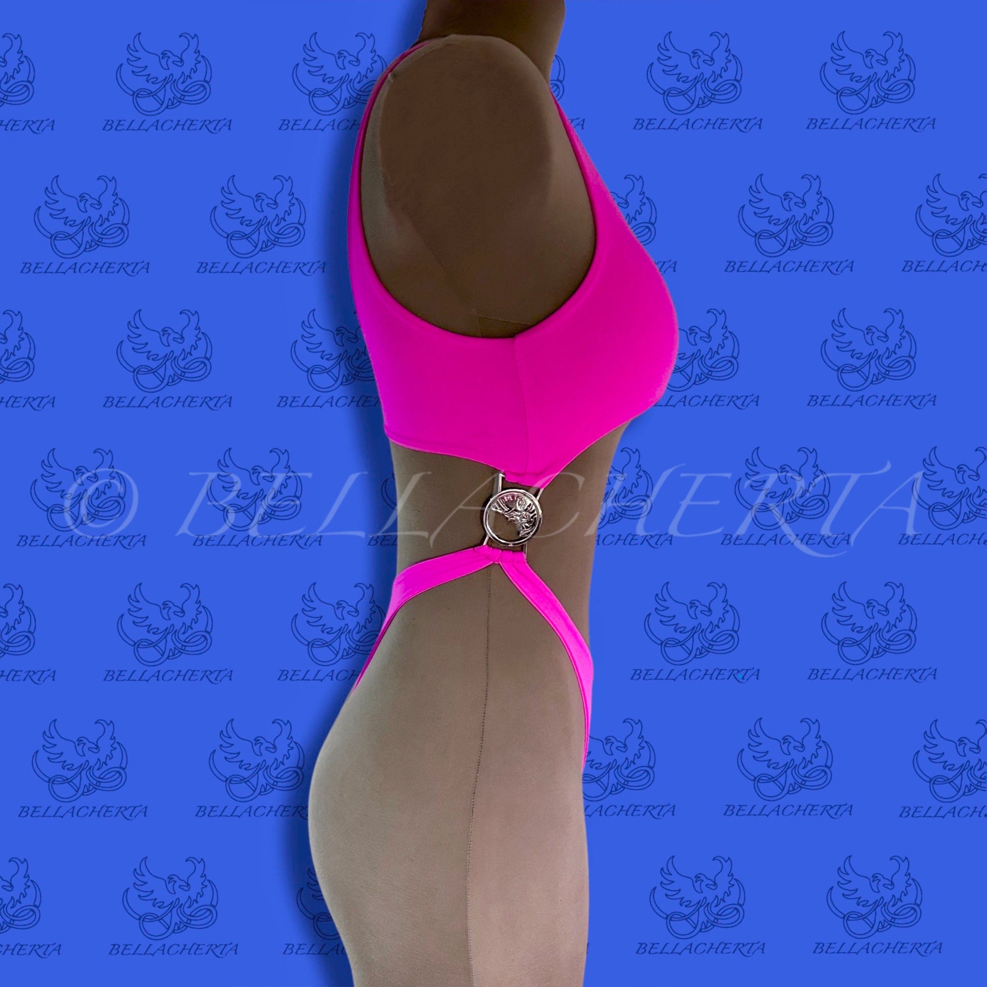 Bellacherta Neon Glow One-piece Cutout Swimsuit With Silver Buckles, Exotic Dance Wear, Carnival Monday Wear