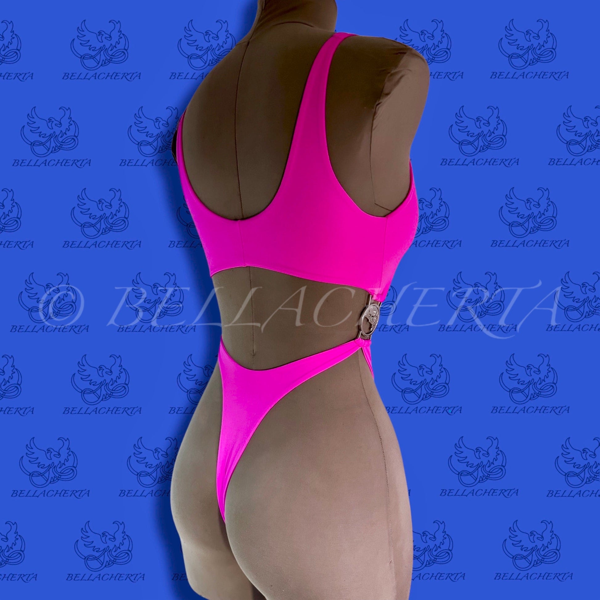 Bellacherta Neon Glow One-piece Cutout Swimsuit With Silver Buckles, Exotic Dance Wear, Carnival Monday Wear