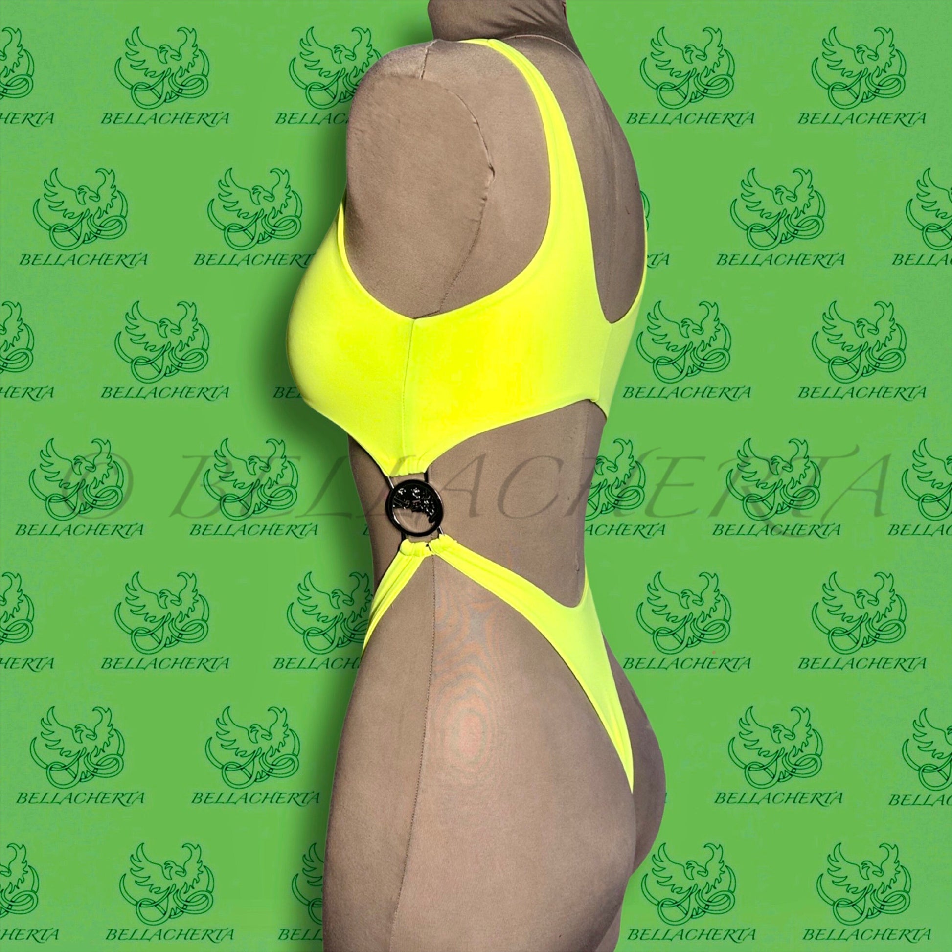 Bellacherta Neon-bright Glow One-piece Cutout Swimsuit With Silver Buckles, Exotic Dance Wear, Carnival Monday Wear