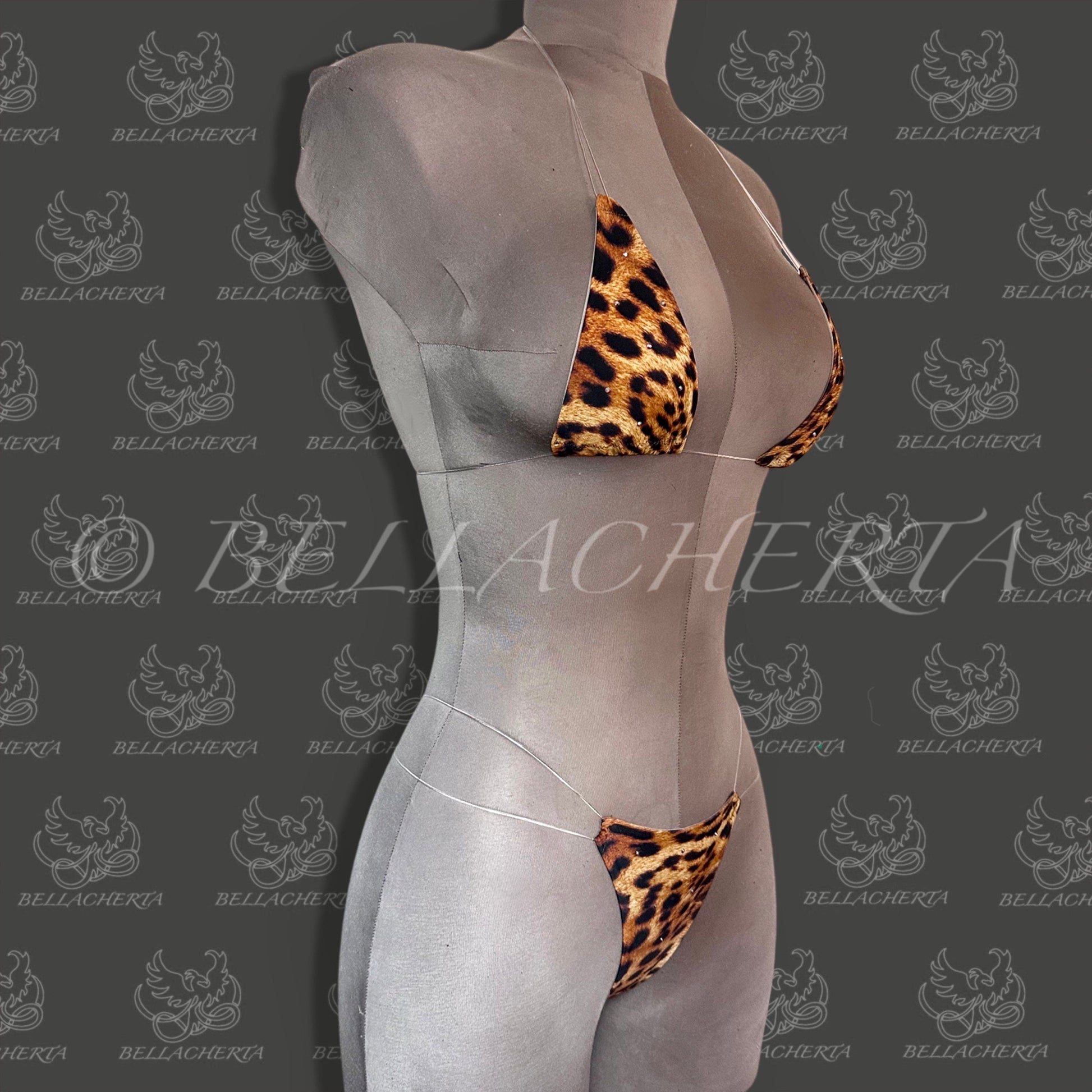 Extreme Bare-Back G-string T-string Micro Thong Bikini Swimsuit, Tied Strings Halterneck Top, Tri-Top, Exotic Dancewear, Animal Print