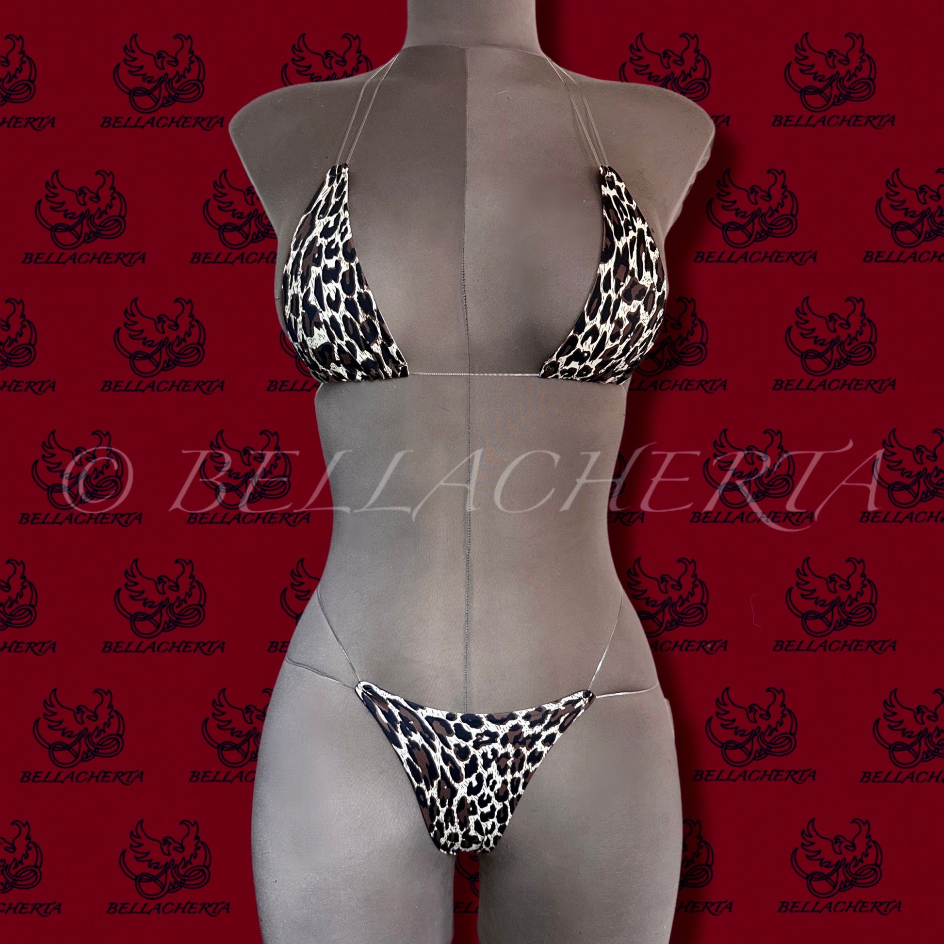 Extreme Bare-Back G-string T-string Micro Thong Bikini Swimsuit, Tied Strings Halterneck Top, Tri-Top, Exotic Dancewear, Cheetah print