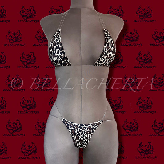 Extreme Bare-Back G-string T-string Micro Thong Bikini Swimsuit, Tied Strings Halterneck Top, Tri-Top, Exotic Dancewear, Cheetah print