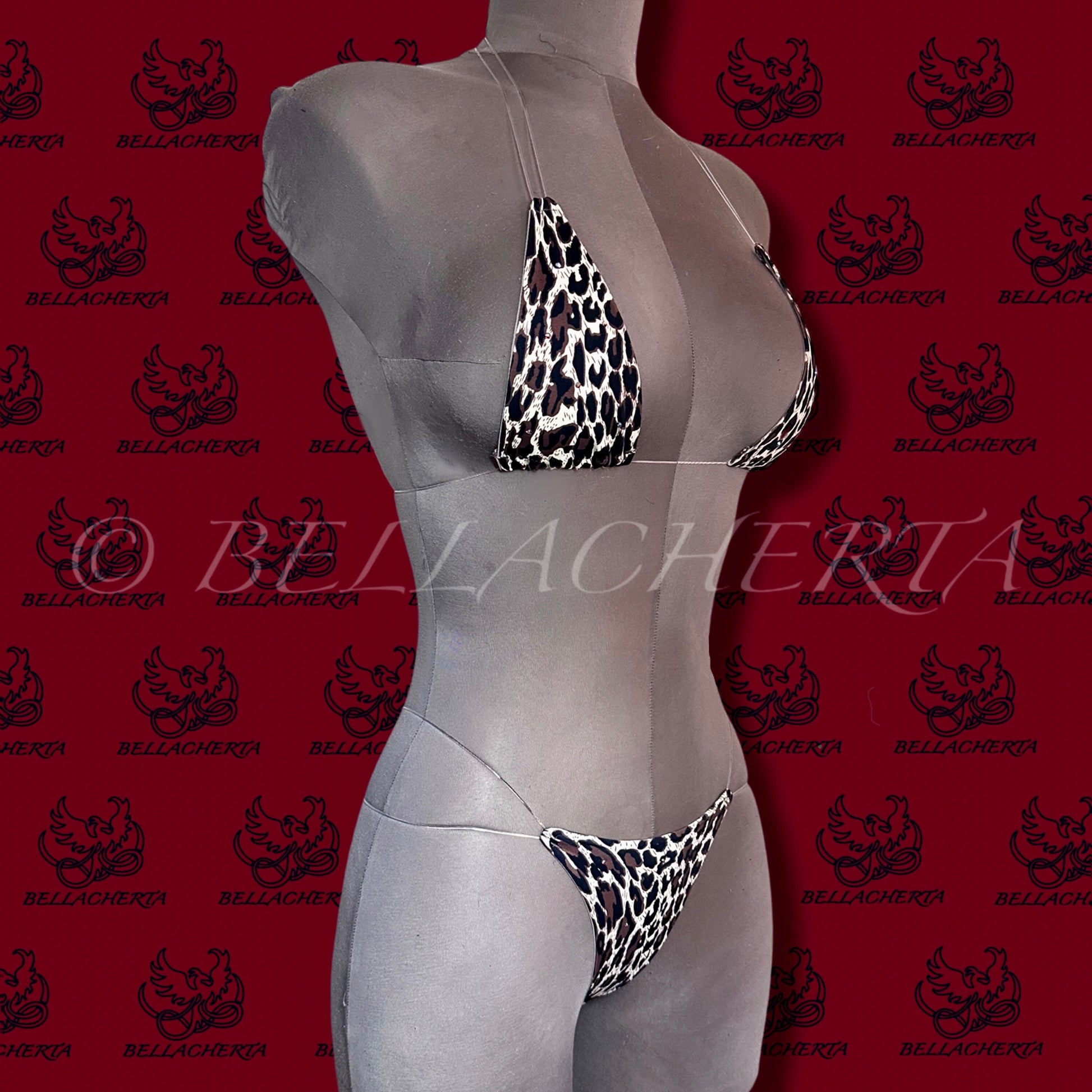 Extreme Bare-Back G-string T-string Micro Thong Bikini Swimsuit, Tied Strings Halterneck Top, Tri-Top, Exotic Dancewear, Cheetah print