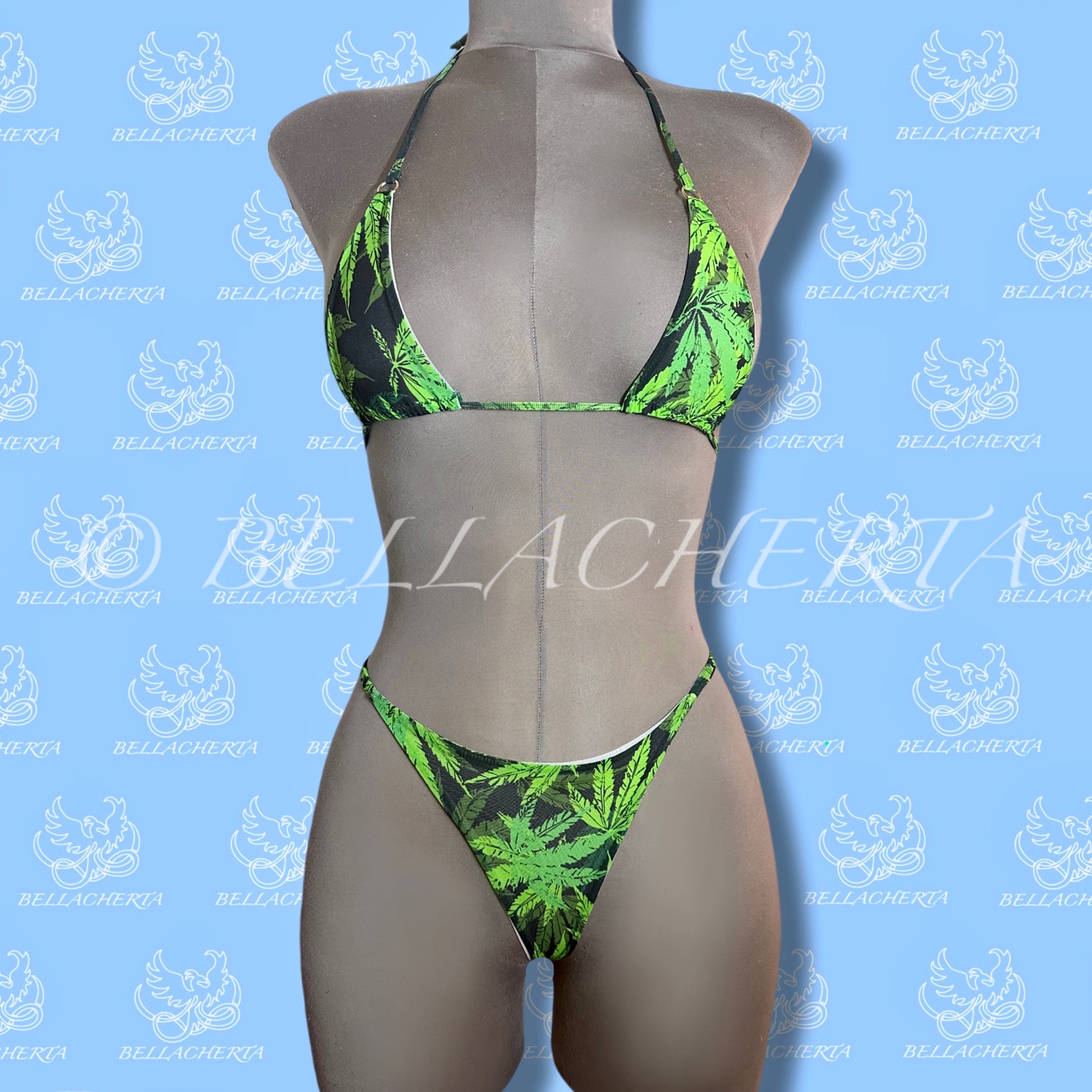 Tie-Up Halter Top and Adjustable Straps Bikini Cannabis Print Swimsuit