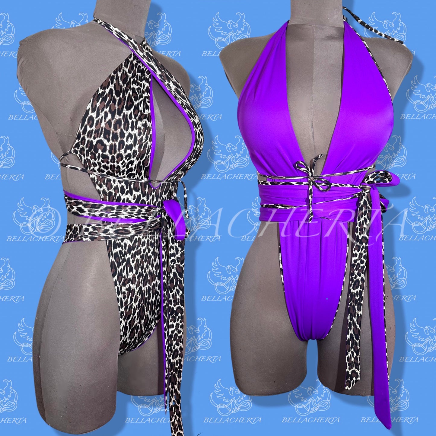 Reversible Double-sided Sexy Plunging Neck Halter Backless Open Sides Swimsuit, Exotic Dancewear, Cheetah print, made in the USA