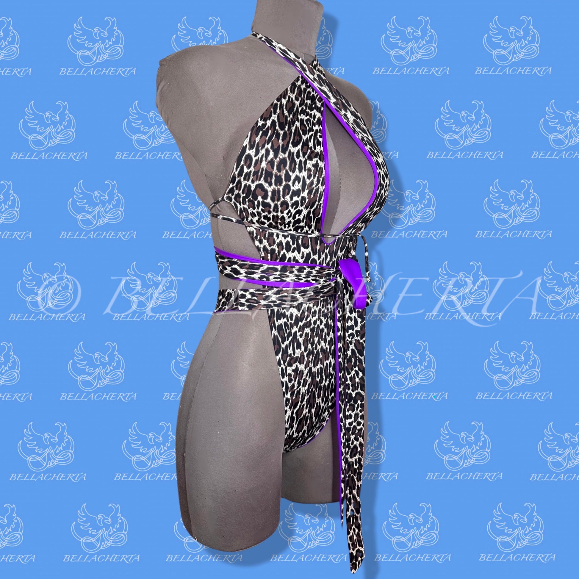 Reversible Double-sided Sexy Plunging Neck Halter Backless Open Sides Swimsuit, Exotic Dancewear, Cheetah print, made in the USA