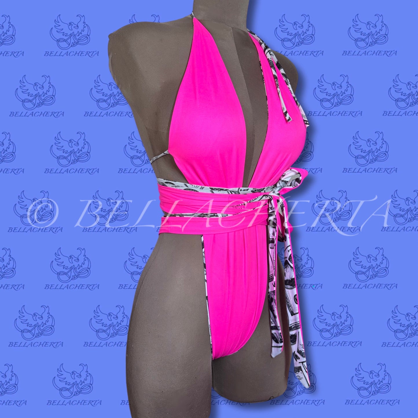 Reversible Double-sided Sexy Plunging Neck Halter Backless Open Sides Swimsuit, Exotic Dancewear Print