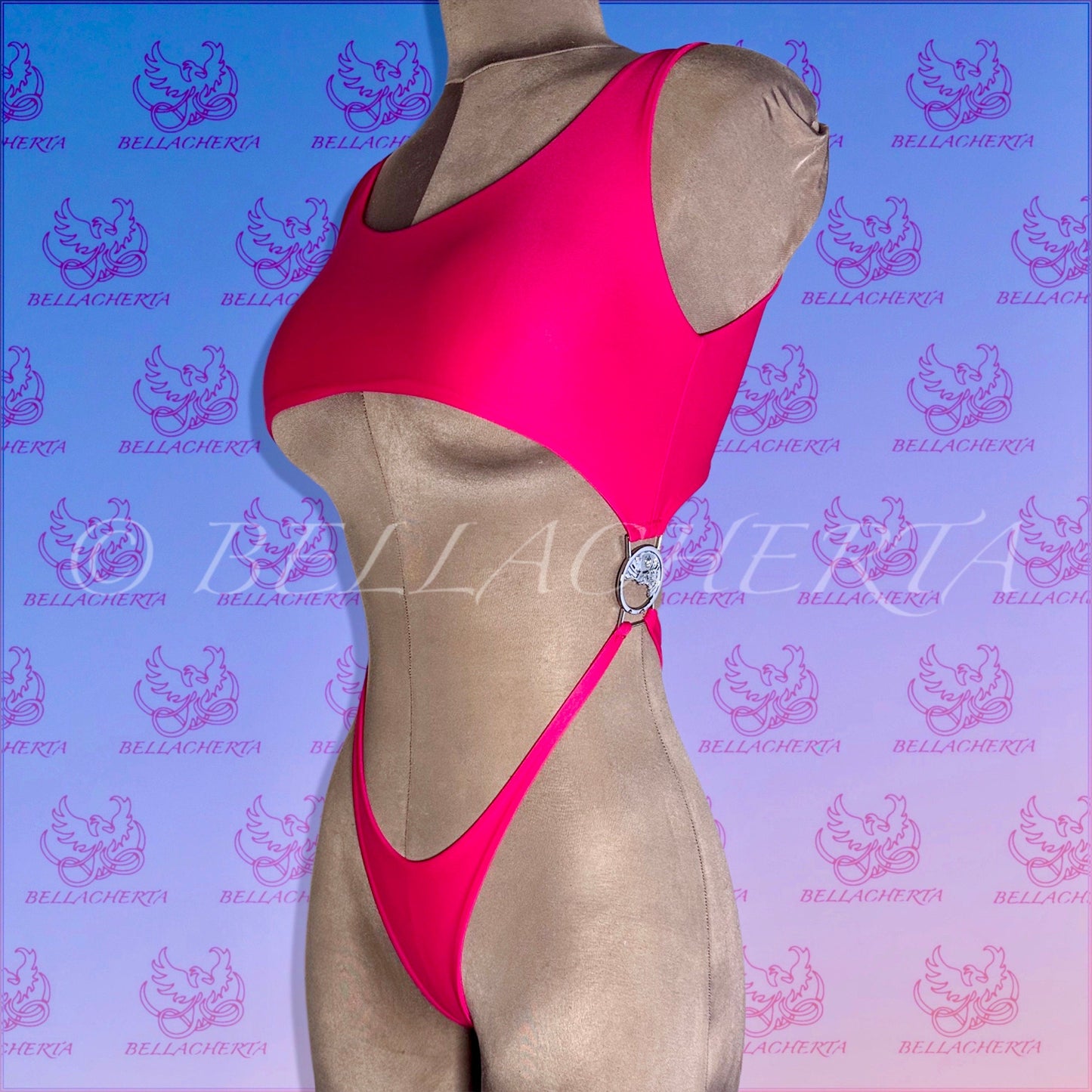 Bellacherta Neon Glow One-piece Cutout Swimsuit With Silver Buckles, Exotic Dance Wear, Carnival Monday Wear