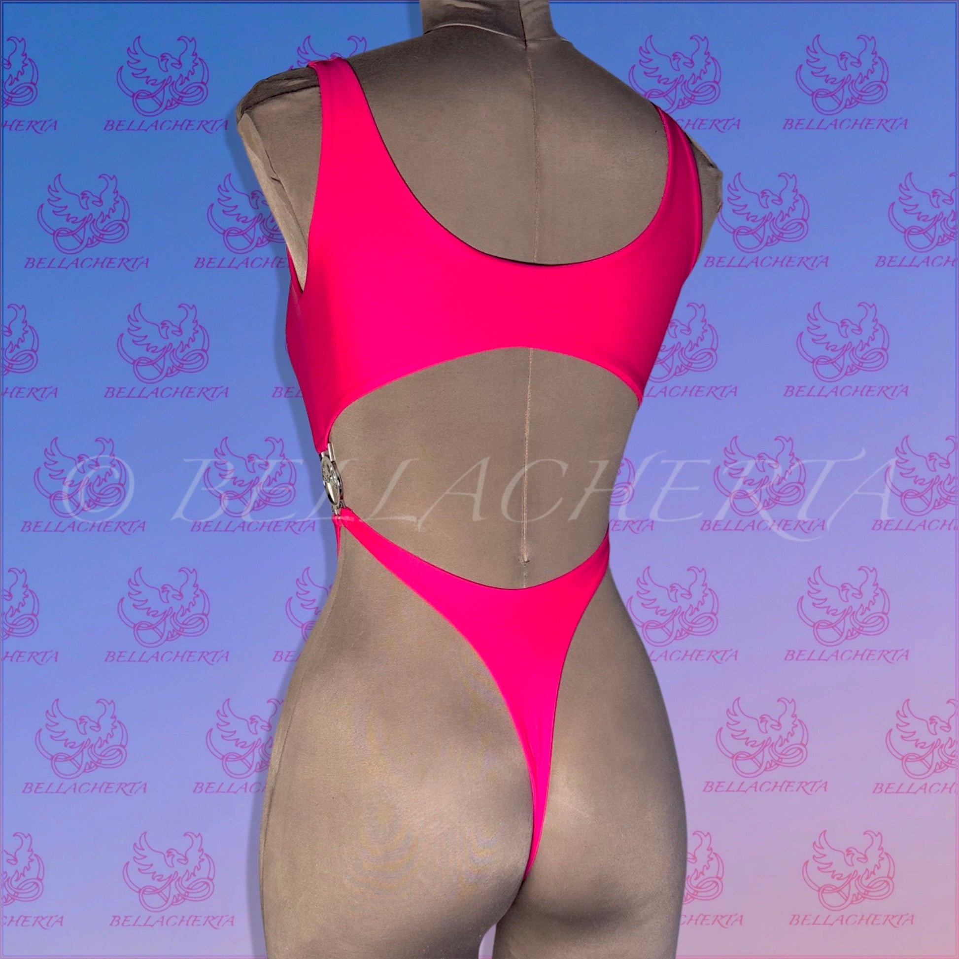 Bellacherta Neon Glow One-piece Cutout Swimsuit With Silver Buckles, Exotic Dance Wear, Carnival Monday Wear