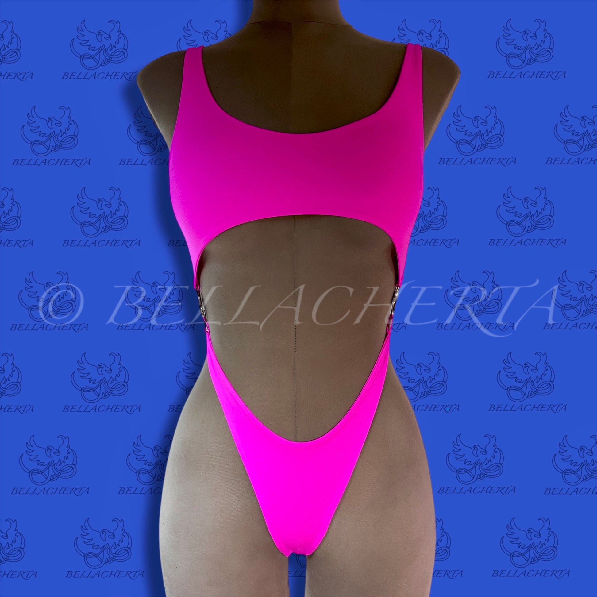 Bellacherta Neon Glow One-piece Cutout Swimsuit With Silver Buckles, Exotic Dance Wear, Carnival Monday Wear