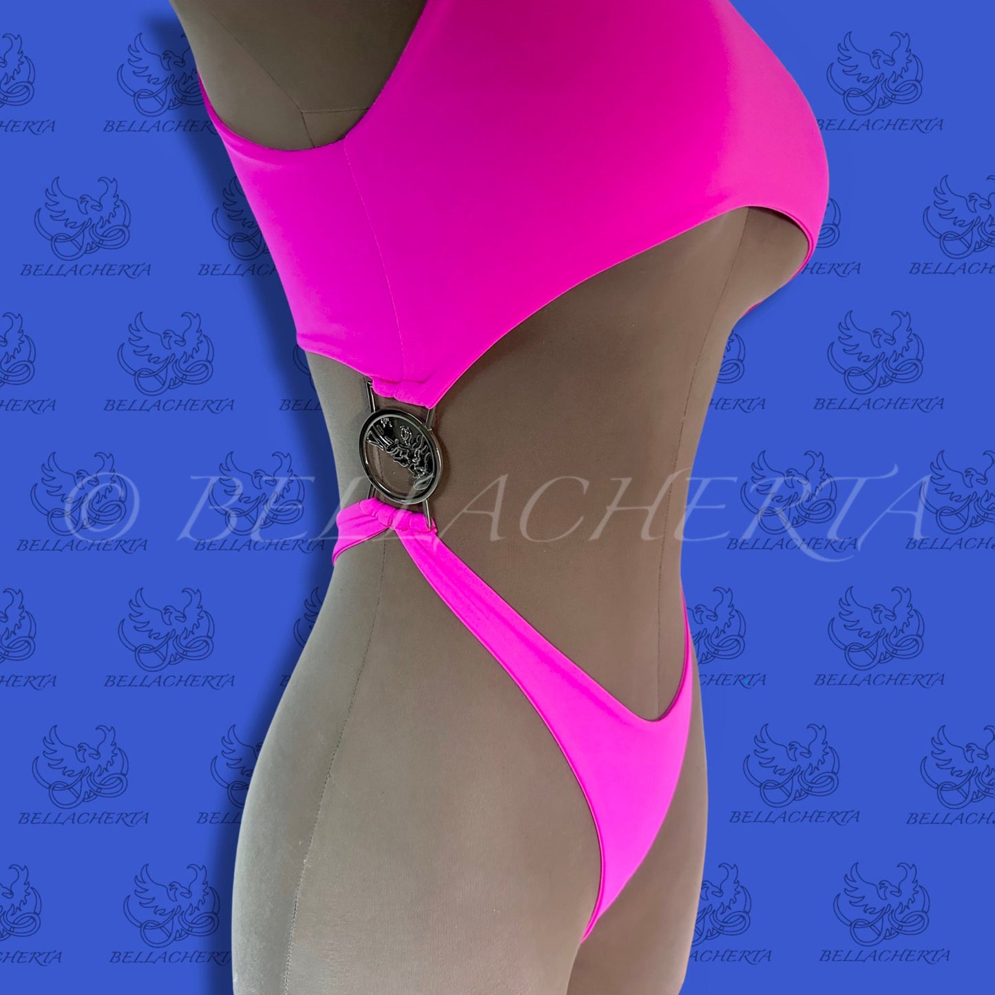 Bellacherta Neon Glow One-piece Cutout Swimsuit With Silver Buckles, Exotic Dance Wear, Carnival Monday Wear