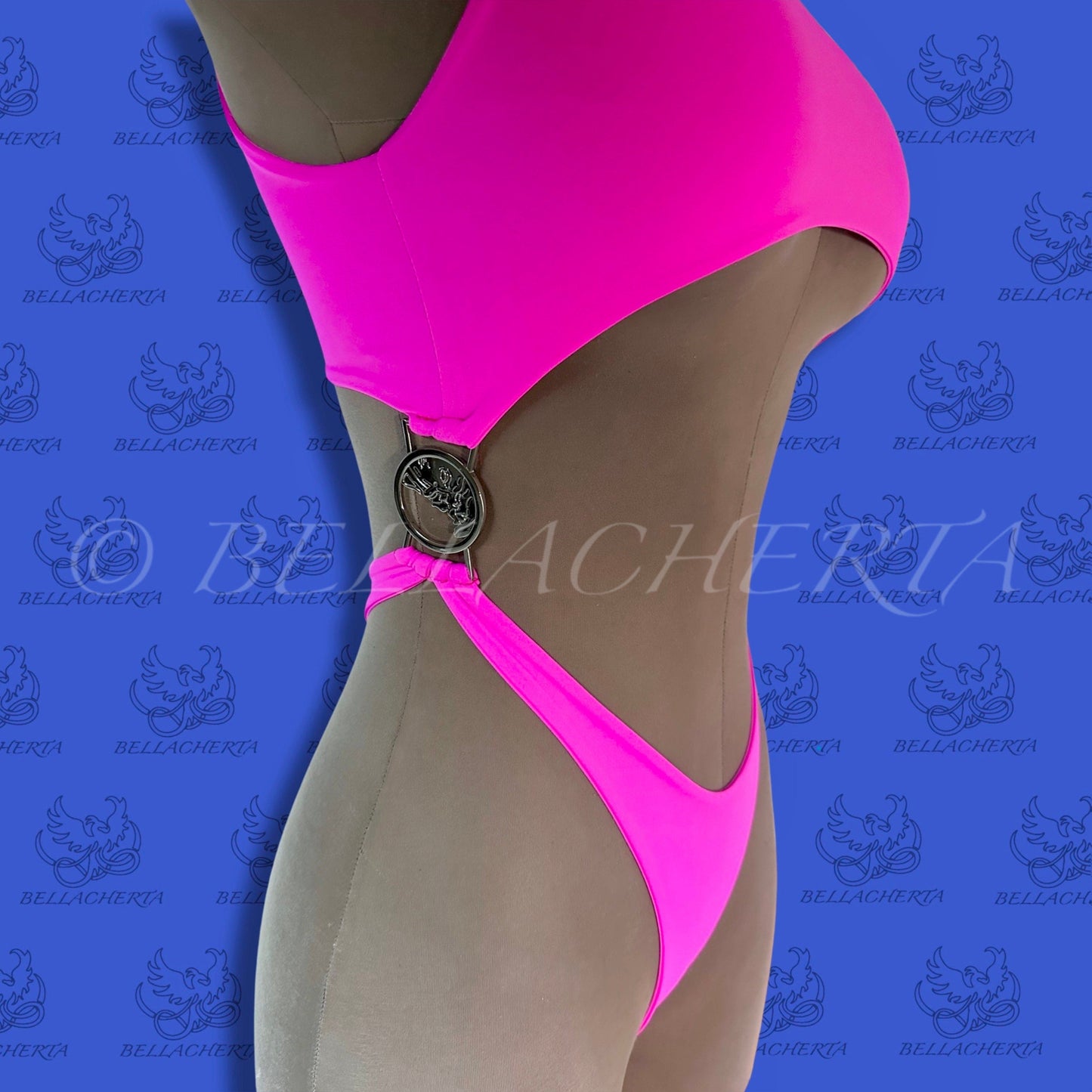 Bellacherta Neon Glow One-piece Cutout Swimsuit With Silver Buckles, Exotic Dance Wear, Carnival Monday Wear