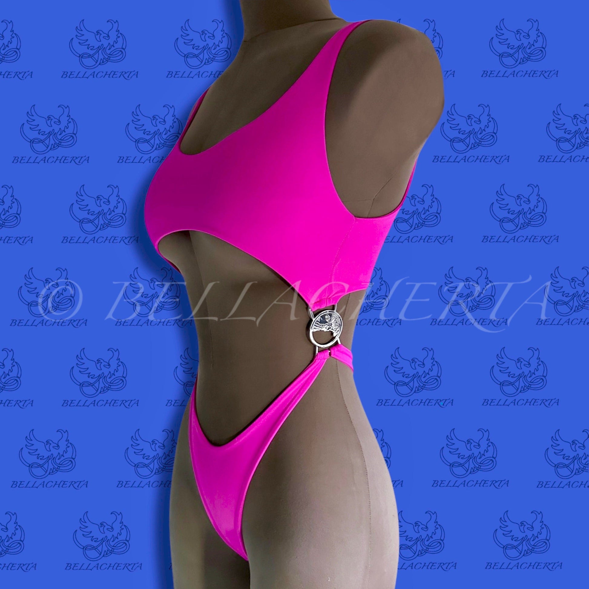 Bellacherta Neon Glow One-piece Cutout Swimsuit With Silver Buckles, Exotic Dance Wear, Carnival Monday Wear