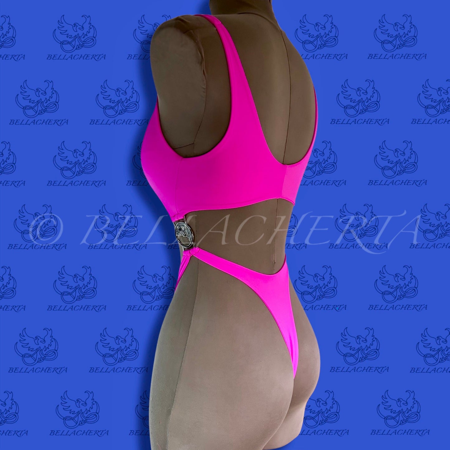 Bellacherta Neon Glow One-piece Cutout Swimsuit With Silver Buckles, Exotic Dance Wear, Carnival Monday Wear